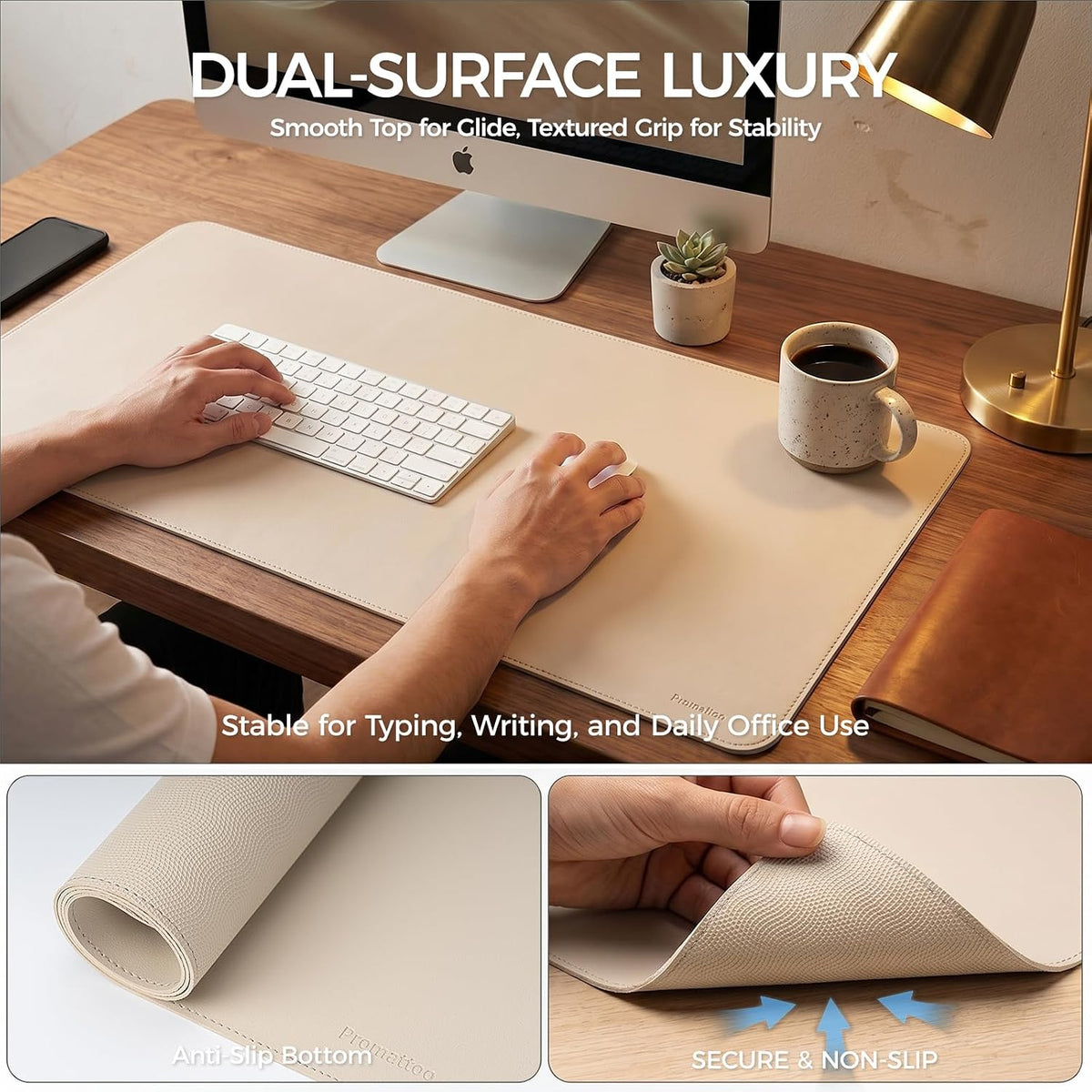 Large Desk Pad Non-Slip Desk Mat Protector for Keyboard Mouse Waterproof Vegan Leather Surface Faux Leather Laptop Mat Smooth Mouse Pad Premium Gift Tube Warm Beige 47" x 17"