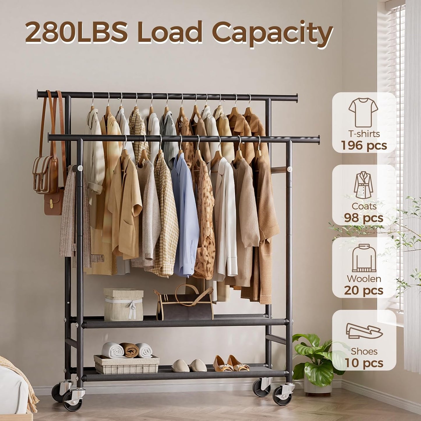 HYSEYY Clothes Rack,Double Rods Rolling Clothing Rack for Hanging Clothes,Portable Garment Rack with 2-Tier Storage Shelves,Free Standing Wardrobe Closet Coat Rack on wheels for Bedroom,Laundry Room