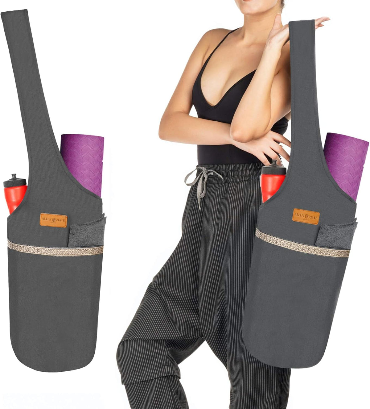ALLEN & MATE 100% Cotton Canvas Yoga Mat Bag, Fits Mats up to 72 In Long and 7.5 In Thick, Wide Shoulder Strap, Zip Pocket, Blue Stripe