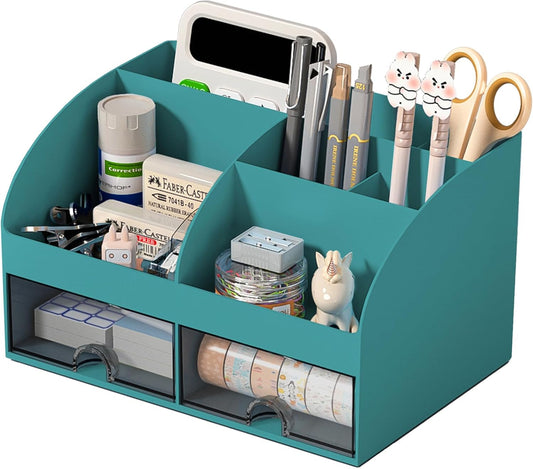 COMFYROOM Desk Organizer with 6 Compartments and 2 Drawers, Plastic Makeup Organizer, Pen Holder for Desktop Storage, Desk Organization for School, Home, Office Supplies (Dark Green)
