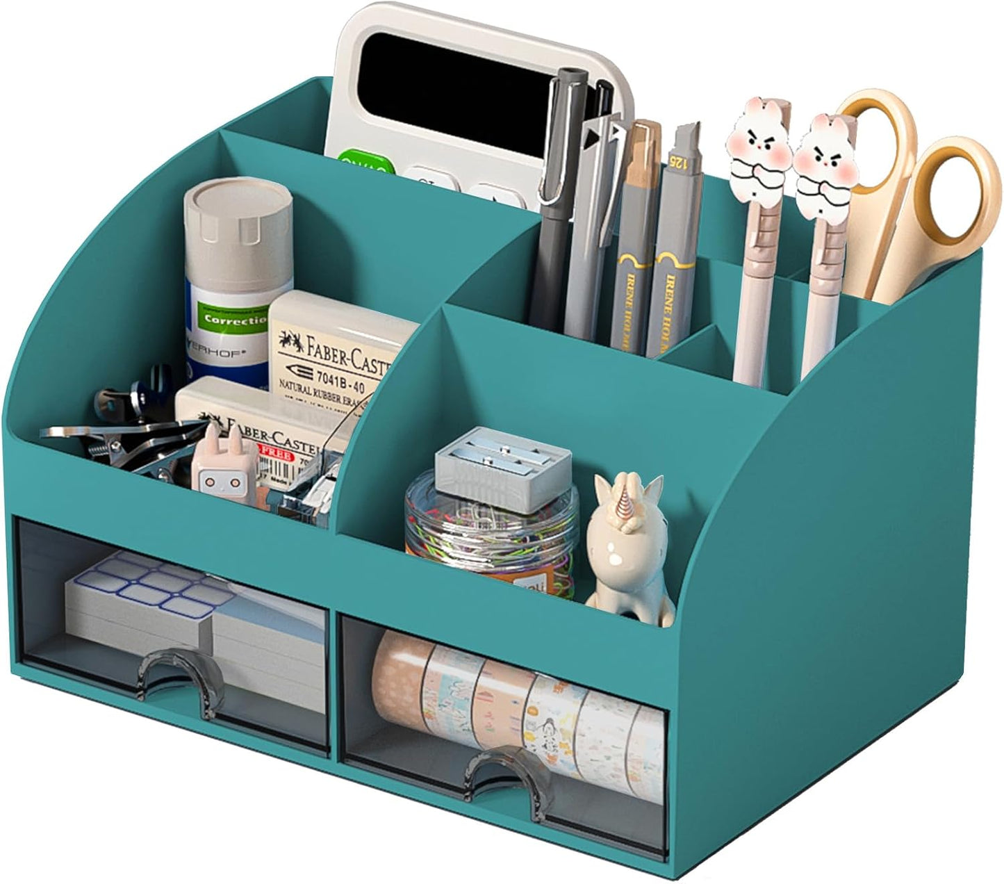 COMFYROOM Desk Organizer with 6 Compartments and 2 Drawers, Plastic Makeup Organizer, Pen Holder for Desktop Storage, Desk Organization for School, Home, Office Supplies (Blue)