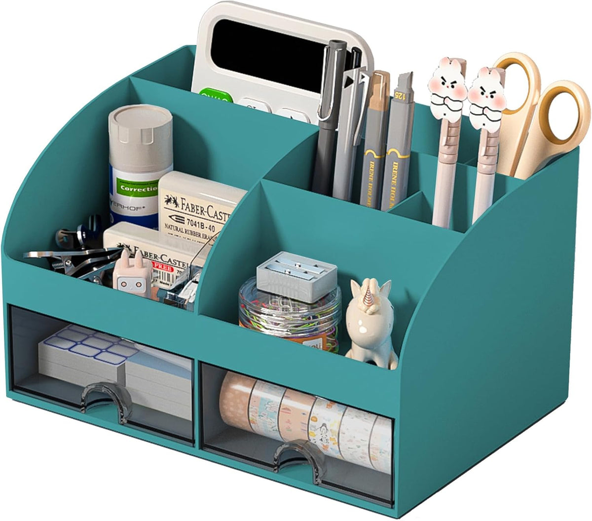 COMFYROOM Desk Organizer with 6 Compartments and 2 Drawers, Plastic Makeup Organizer, Pen Holder for Desktop Storage, Desk Organization for School, Home, Office Supplies (Grey)