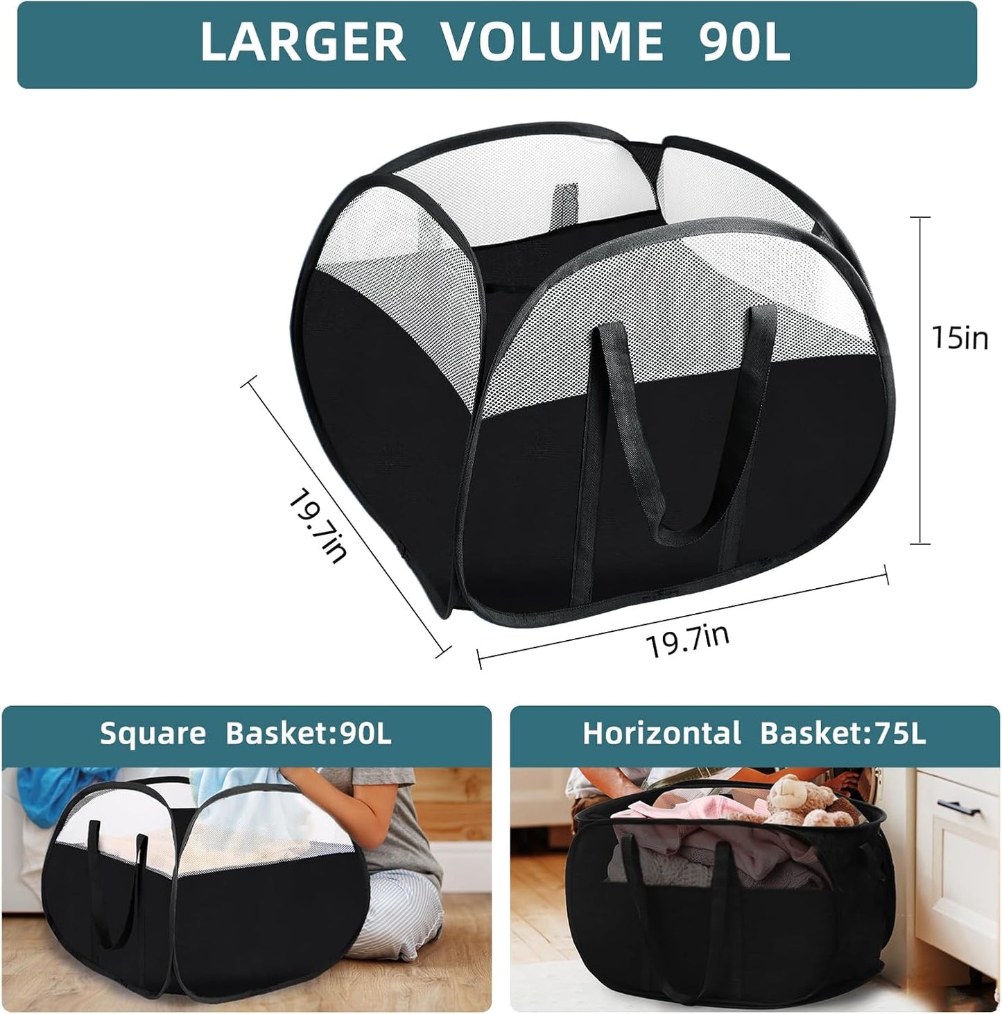 2 Pack Collapsible Laundry Baskets, 90L Large Foldable Laundry Basket, Pop Up Hampers for Laundry, Dirty Clothes Laundry Hamper for Bedroom, Bathroom, Dorm, Laundry Room, Travel or Camping Black