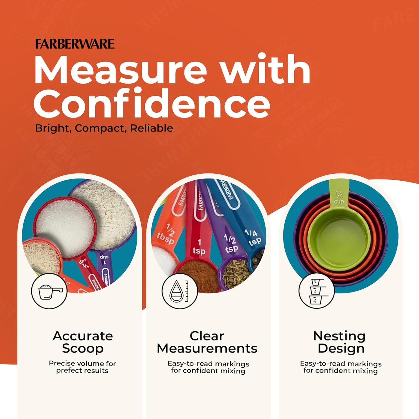 Farberware Kitchen Basics Measuring Cup & Spoon Set – 9-Piece Colorful Nesting Stackable Cups & Spoons with Ring Organizer, Easy-Read Markings for Cooking & Baking, Durable Plastic Kitchen Tools