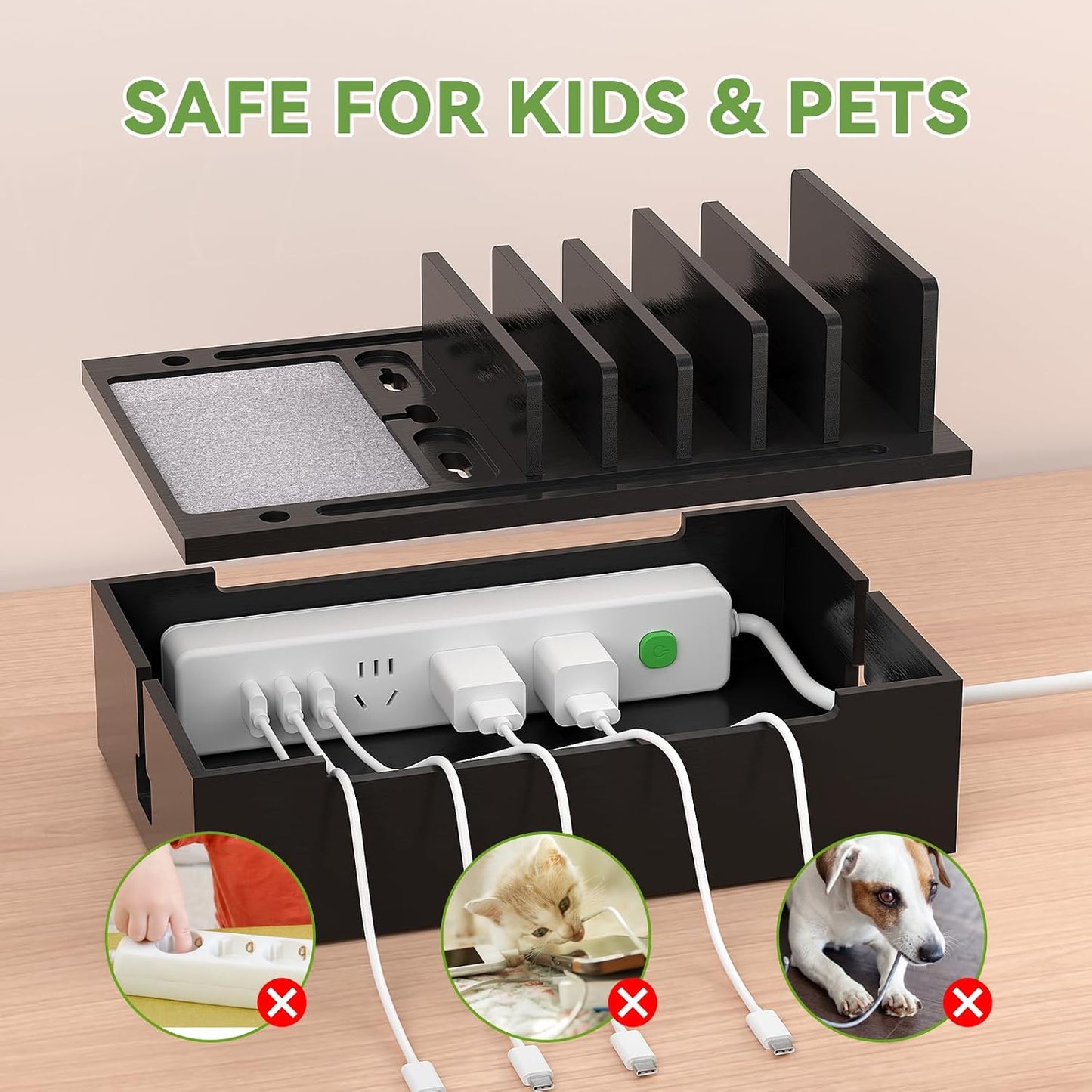 Pezin & Hulin Bamboo Charging Station for Multiple Devices -Black | USB Charger Dock Organizer, with Power Supply (10 Ports HUB), 6 Cables, Cable Management Organizer for Cell Phones, Tablet
