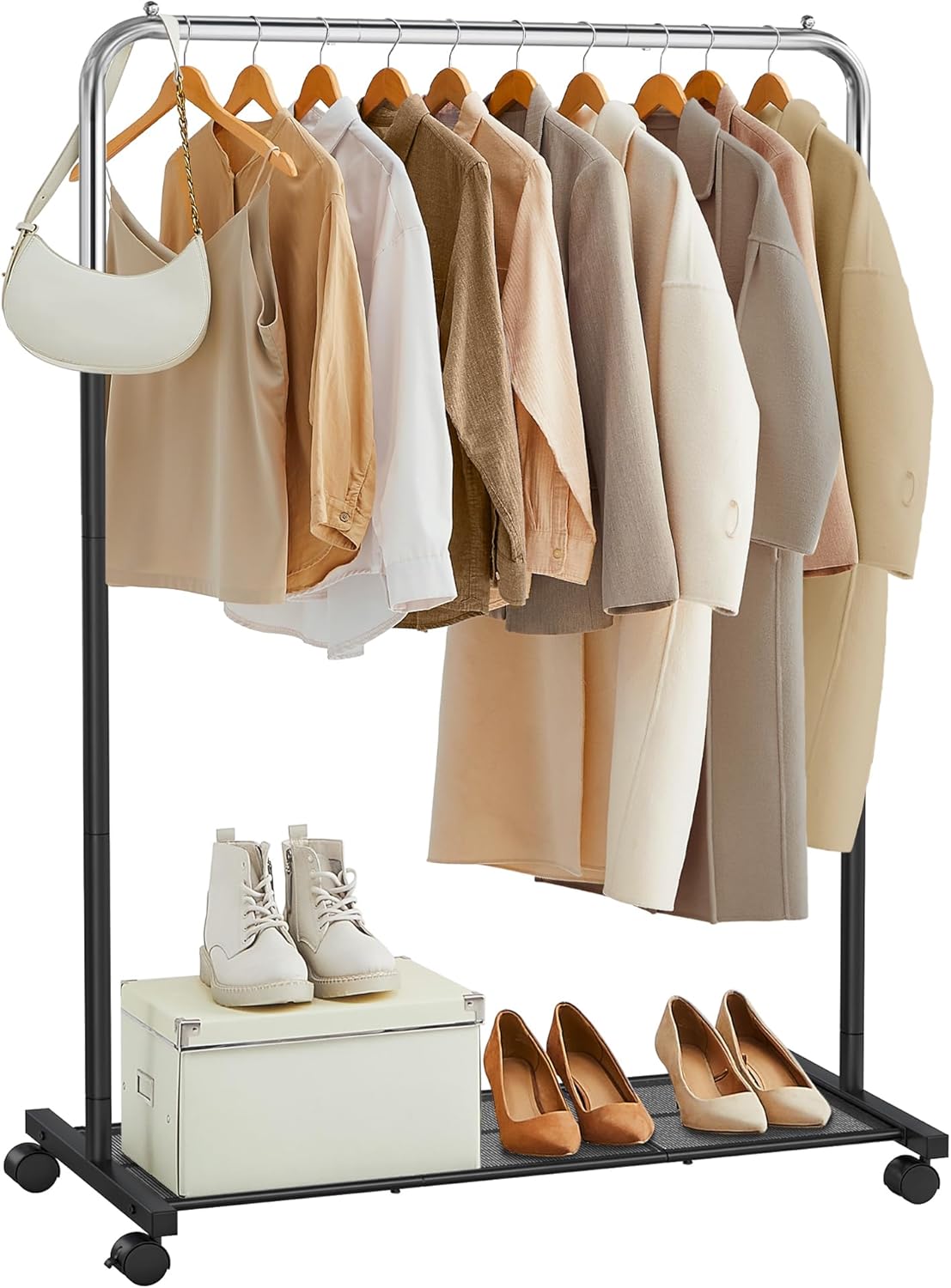 SONGMICS Double Rods Clothes Rack with Wheels, Clothing Rack for Hanging Clothes, Heavy Duty Garment Rack with Mesh Storage Shelf, 2 Brakes, Each Top Rail Holds up to 77 lb, Gold UHSR026A01