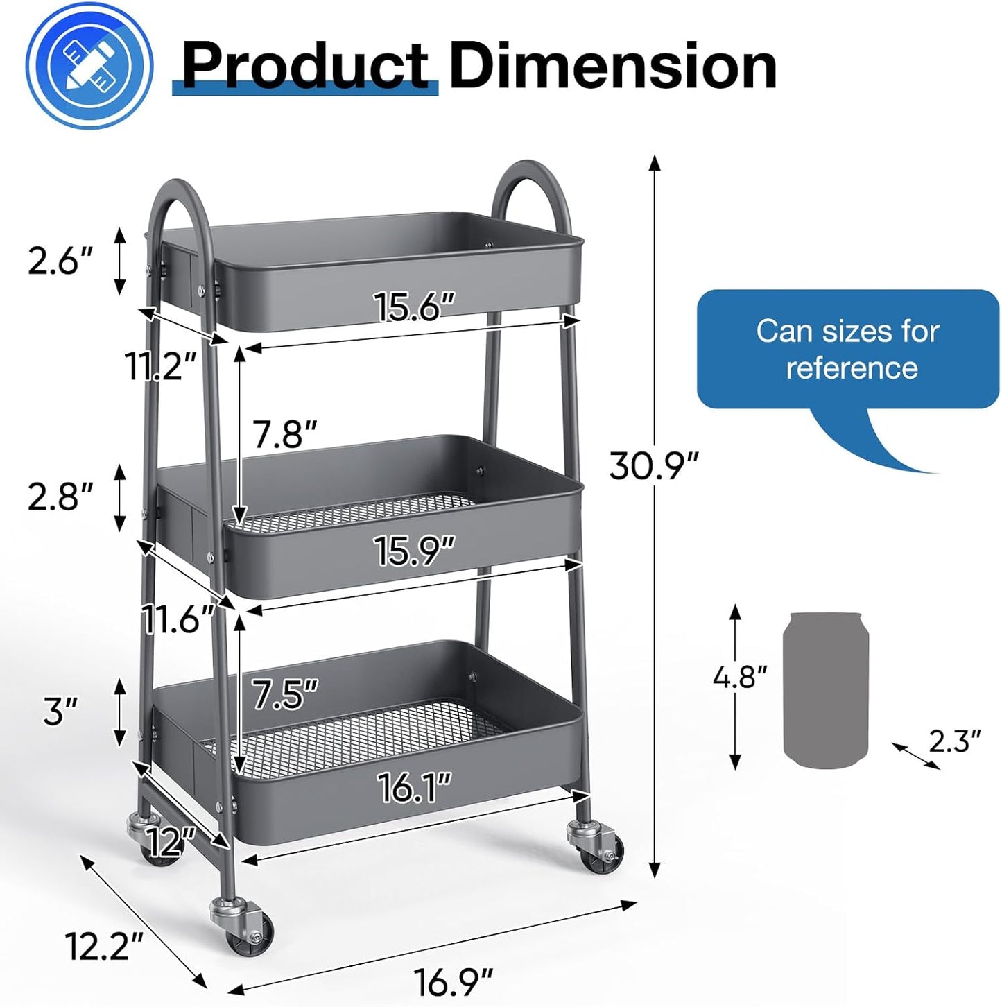 OLIXIS Metal 3 Tiers Utility Rolling Cart, Mobile Storage Shelf with Lockable Caster Wheels, Organization for Livingroom, Bathroom & Narrow Places, Gray