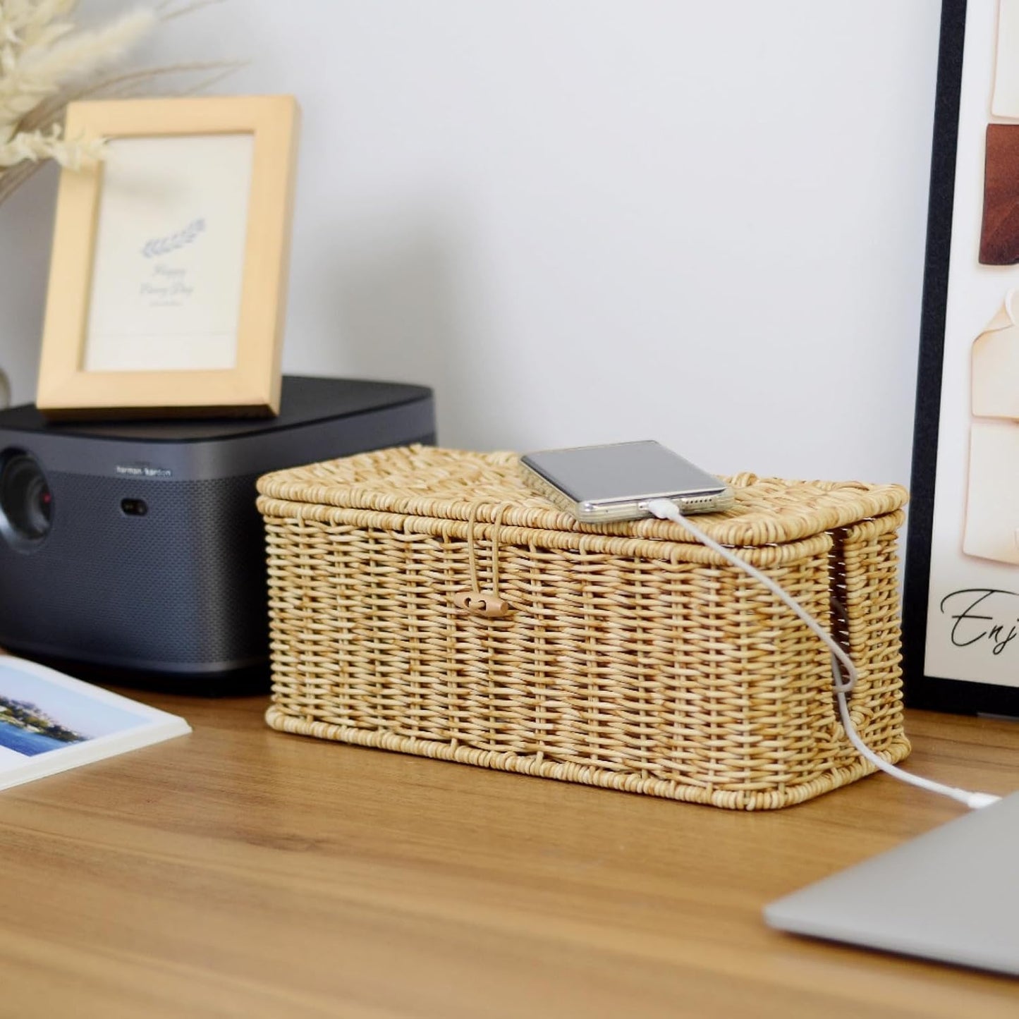 Cable Management Box, Cord Organizer with Lid & Cable Ties - Natural, M | Handmade Open Slots Cord Hider Outlet Covers for Power Strip TV PC Router Charger Under Desk Storage