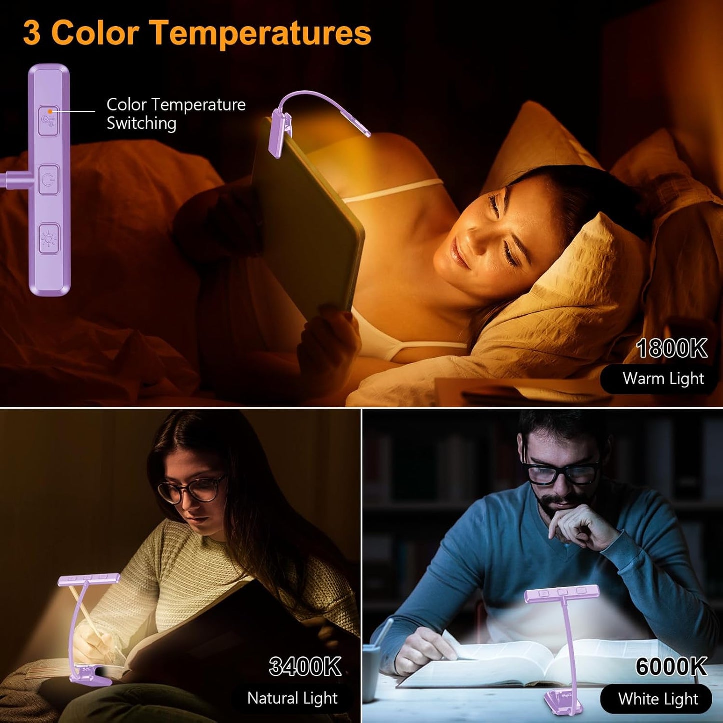 Gritin 19 LED Rechargeable Book Light for Reading in Bed with Memory Function- Eye Caring 3 Color Temperatures,Stepless Dimming Brightness,90 Hrs Runtime Clip on Light for Book Lovers-Purple