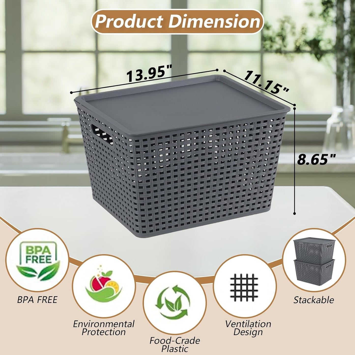 Xyskin Storage Bins with Lids, Stackable Plastic Basket Containers, 6-Pack