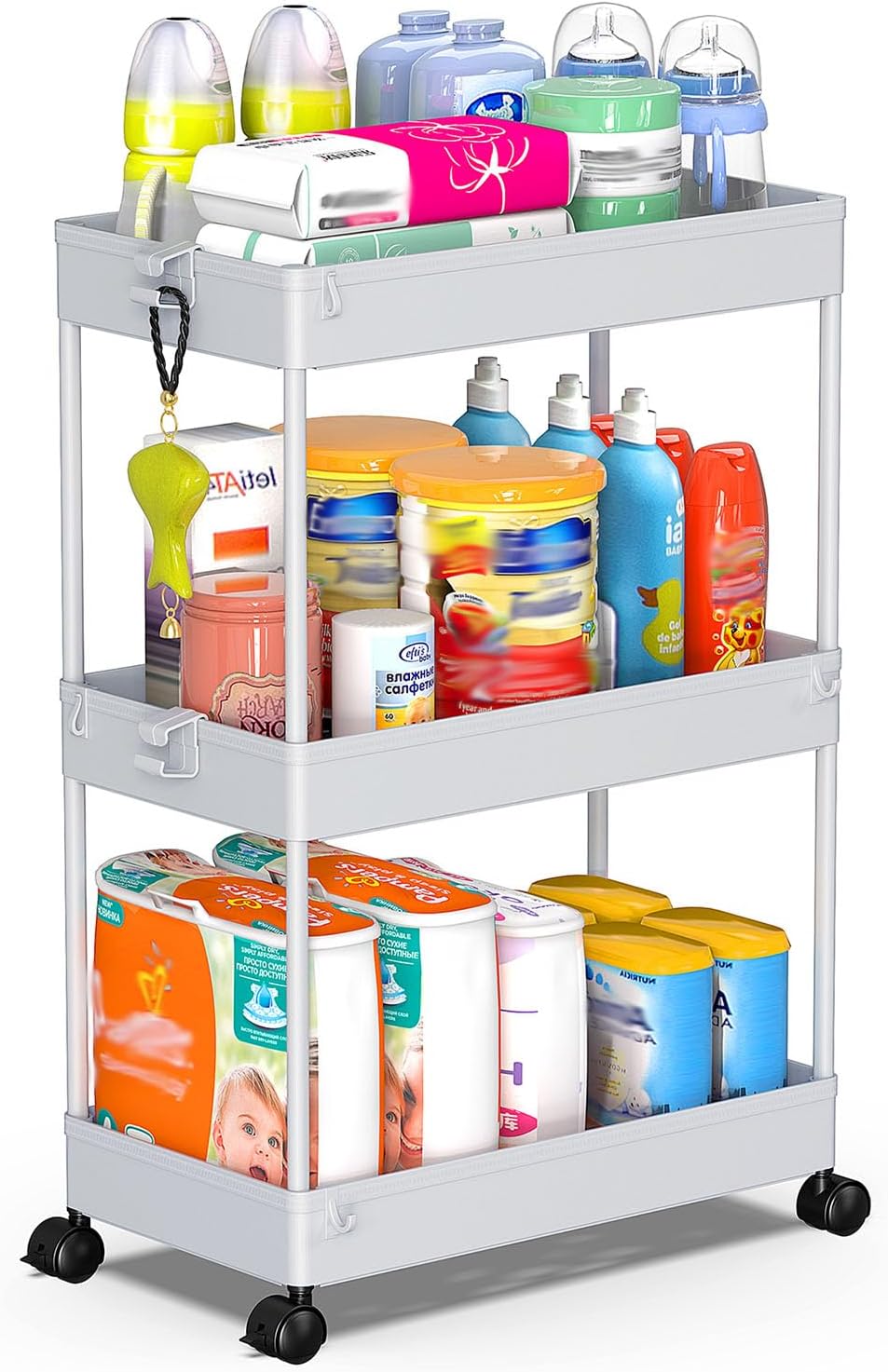 SPACEKEEPER Green 3-Tier Rolling Storage Cart, Bathroom & Kitchen Organizer, Modern Plastic Frame, Adjustable Shelves