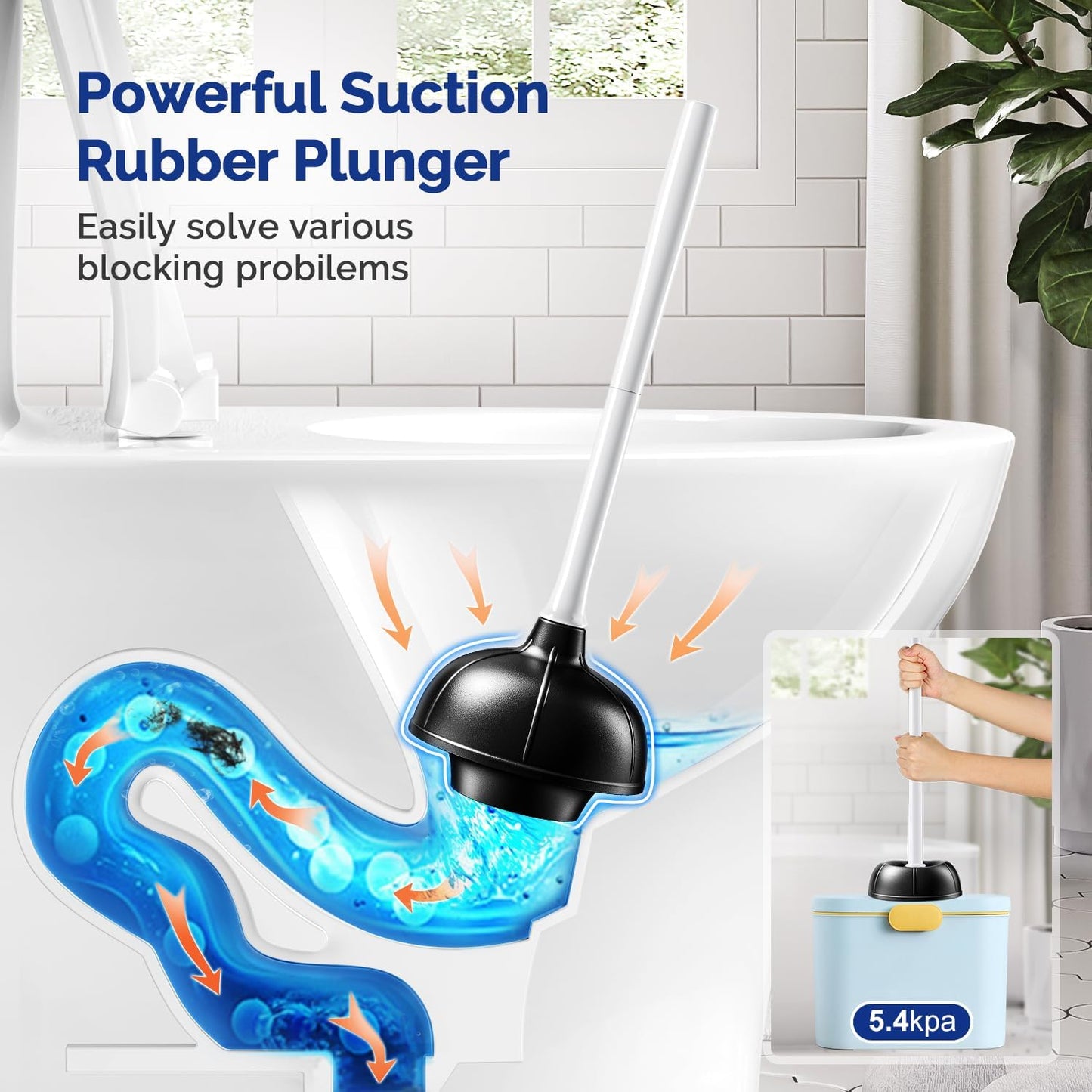 HAMITOR Toilet Plunger Bowl Brush Combo：Heavy Duty Rubber for Drain Clog Remover - Curved Design Bristles for Deep Cleaning Under Rim - Compact Bathroom Cleaning Tools for New Homet Essentials - White