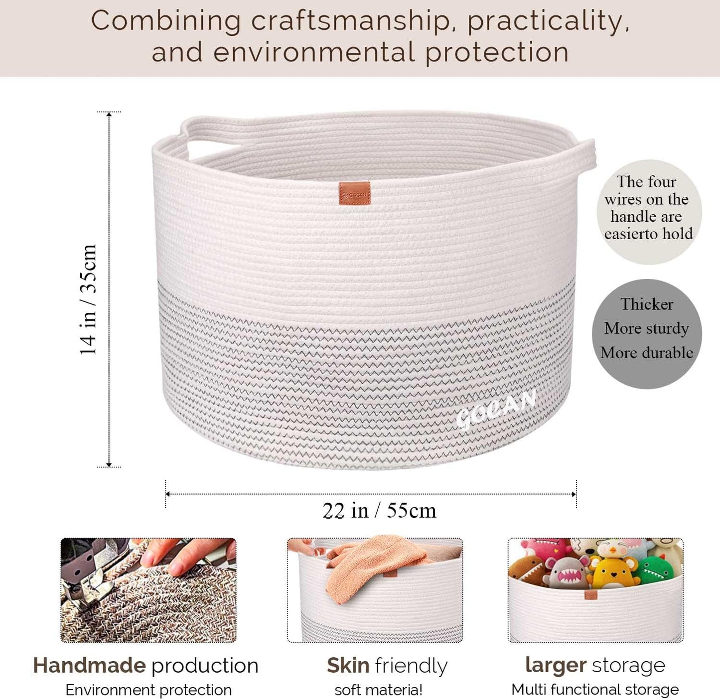 Cotton Rope Woven Laundry Basket 22"X 22"X 14" with handles(Beige) XXXL | Hand-woven, ideal for storing blankets and cushions in the living room, and clothes for household storage.