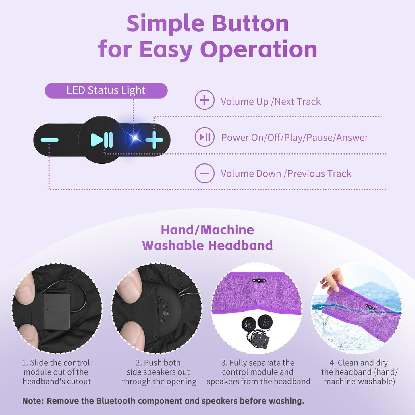 Sleep Headphones Bluetooth 6.0 Headband, 20Hr Headband Headphones with HD Stereo Speakers, Sports Wireless Earphones for Side Sleepers Workout Yoga Travel Meditation, Gifts for Women Men,Purple