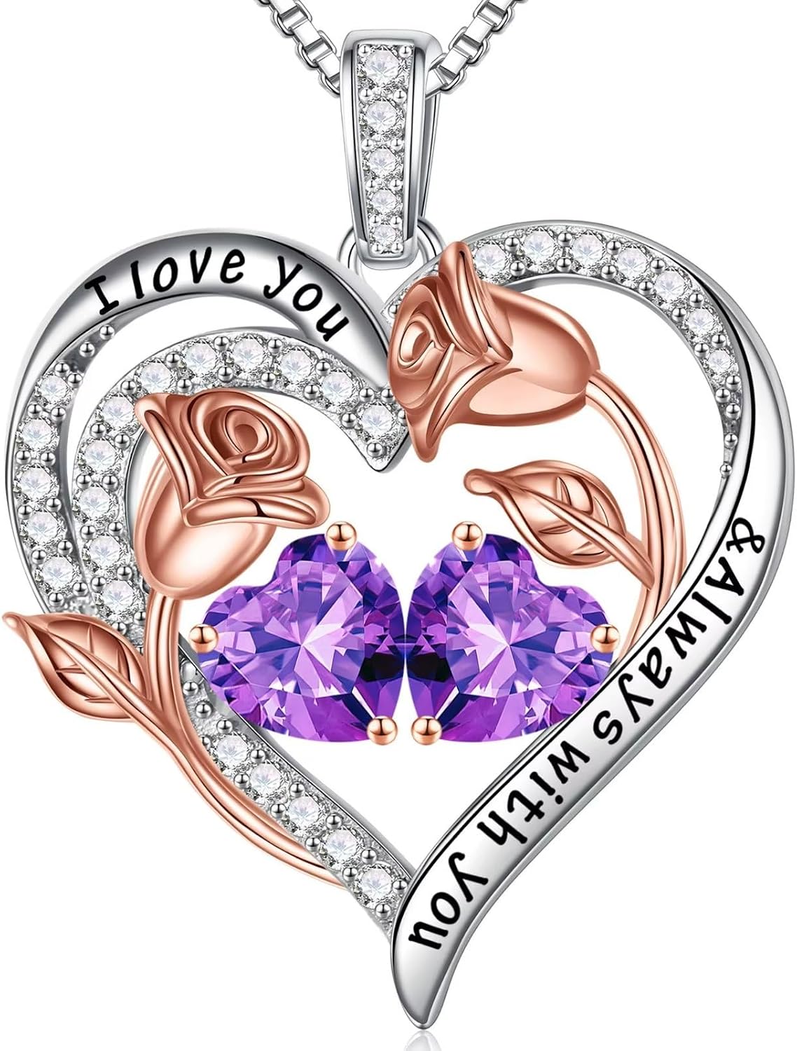 Iefil Birthstone Necklace for Women - Rose Heart Necklace