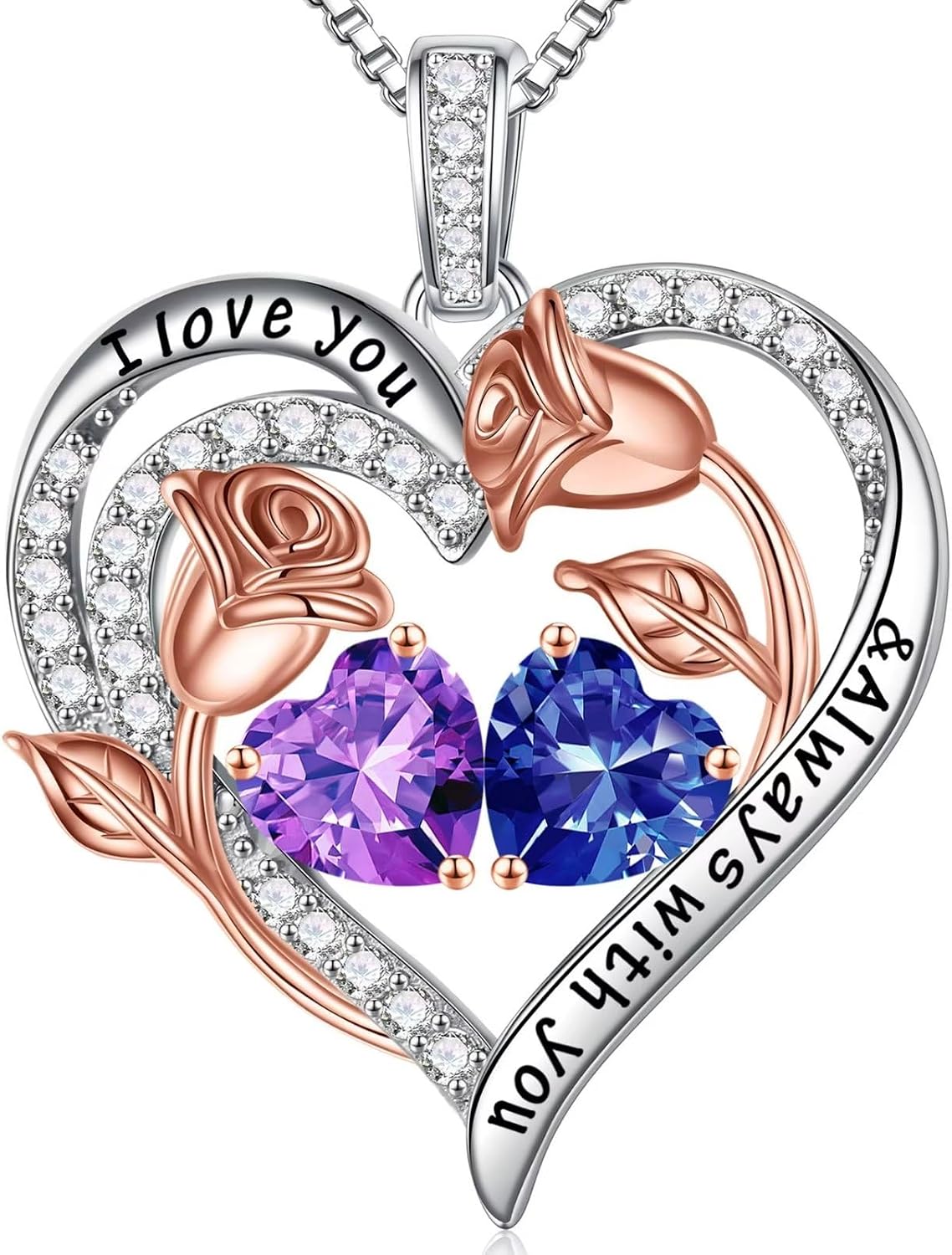 Iefil Birthstone Necklace for Women - Rose Heart Necklace
