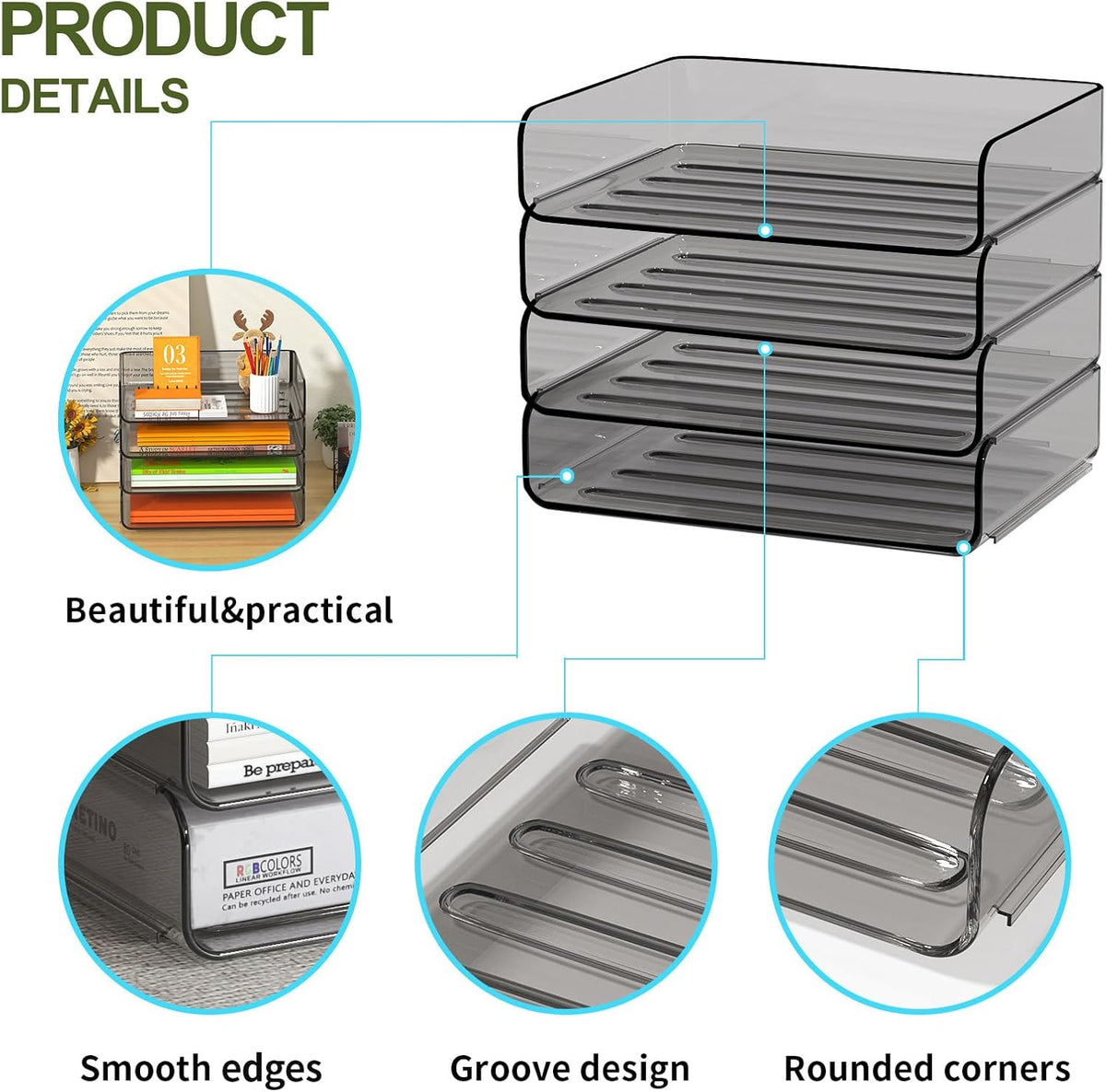 FANXIYQ 4-Tier Acrylic Paper Tray Organizer Brown Stackable Paper Organizer