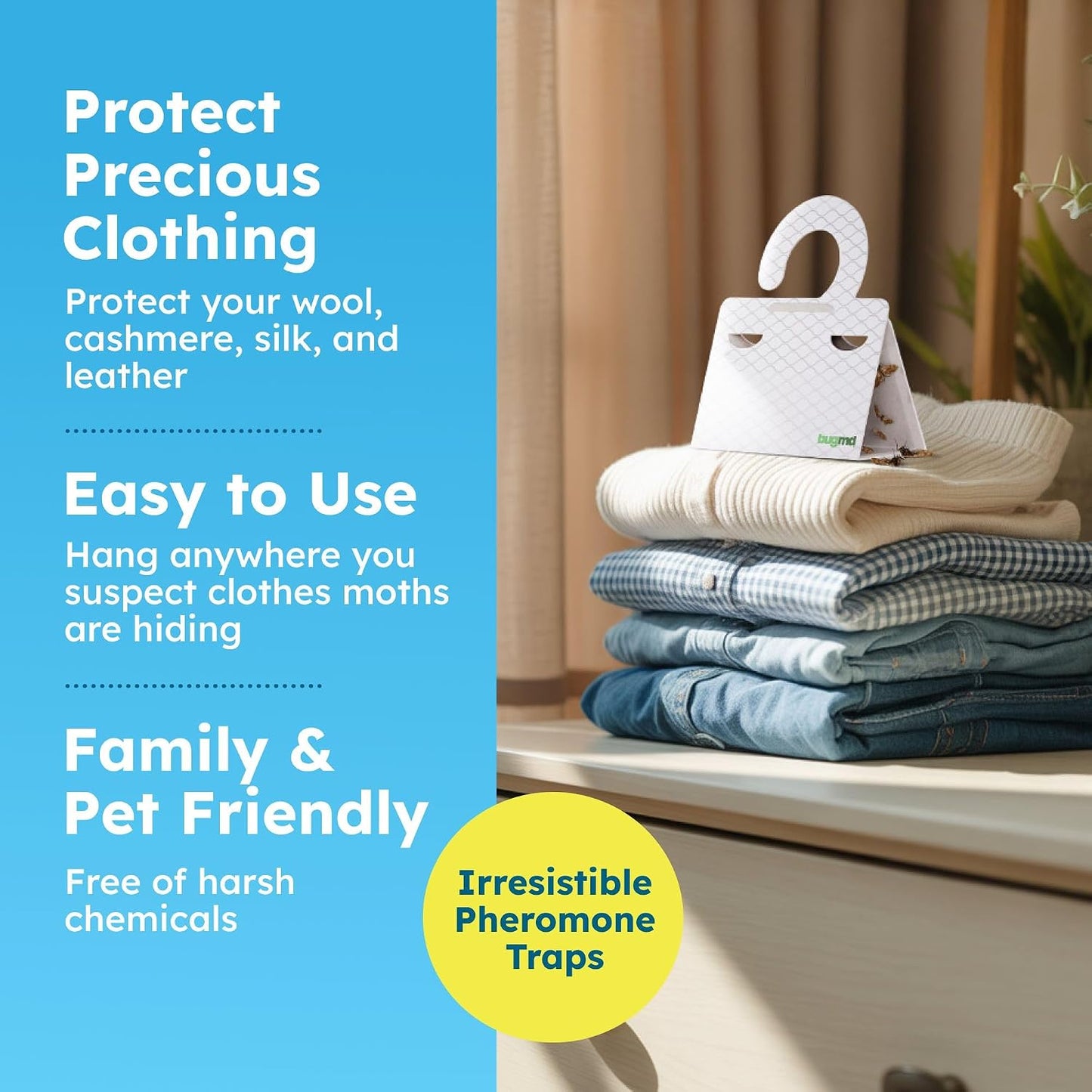 BugMD Clothes & Pantry Moth Traps with Sticky Glue | Pheromone-Based Non-Toxic Repellent for Closets, Cabinets and Wardrobes | 6 Count, White