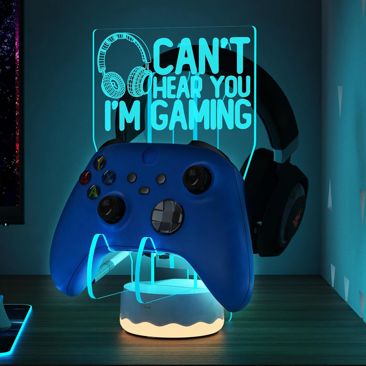CoolGift Mart Light Up Headset and Controller Stand, 16 Colors 3D LED Lights Gamepad Headphone Holder with Remote Control, Game Controller Hanger for All Universal Gaming PC Accessories