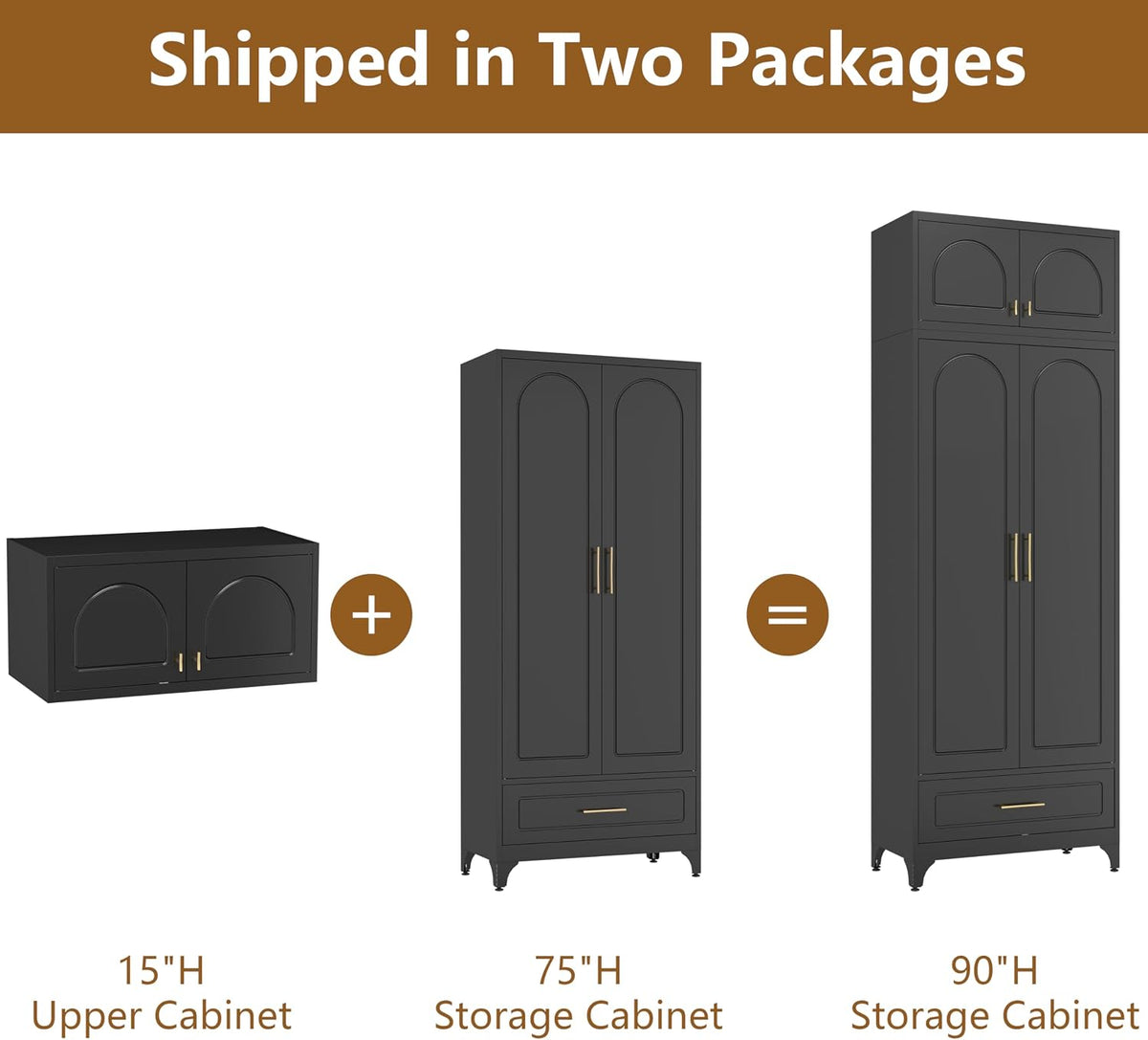 Polup Kitchen Pantry Cabinet, 90" Tall Metal Storage Cabinet with Drawer | Black Heavy-Duty Steel Cupboard, 4 Doors, 3 Adjustable Shelves, Magnetic Latch, Gold Handles, for Dining Living Room, Laundry