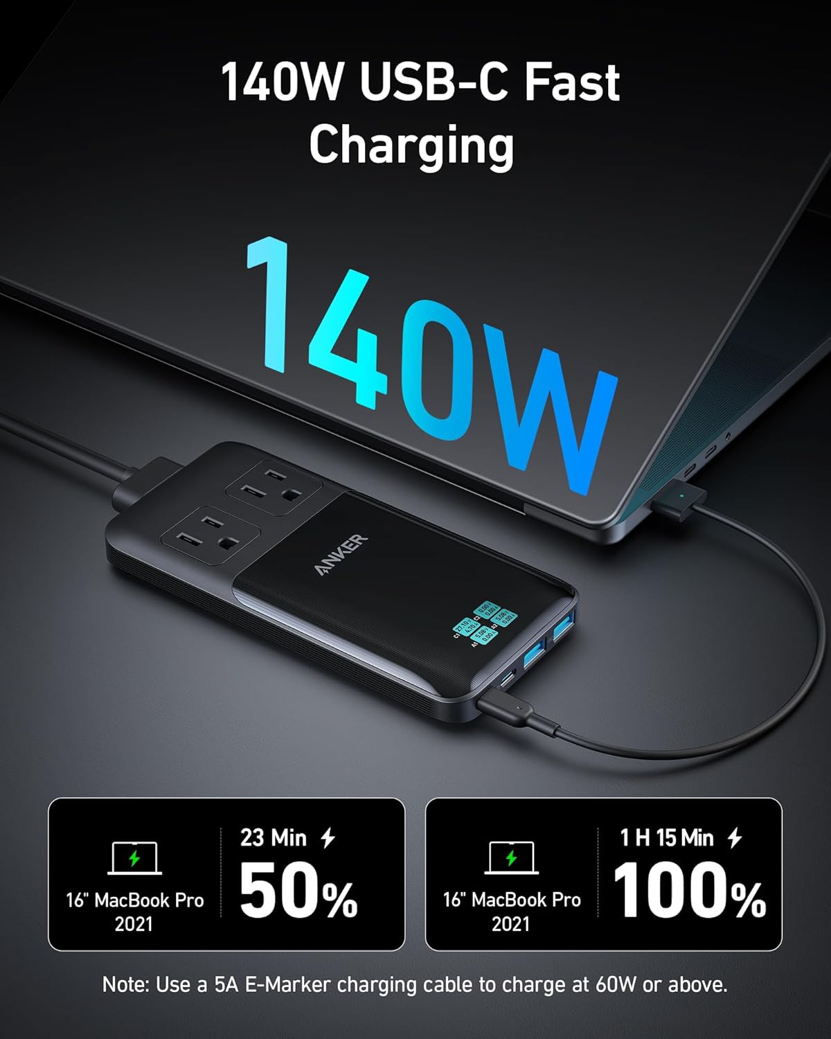 Anker Prime Charging Station, 140W 6-in-1 Travel Power Strip, 5ft Detachable Extension Cord with Multiple Outlets, 2 AC, 2 USB C, 2 USB A, Desk Accessories, Home Office (Non-Battery/Wireless)