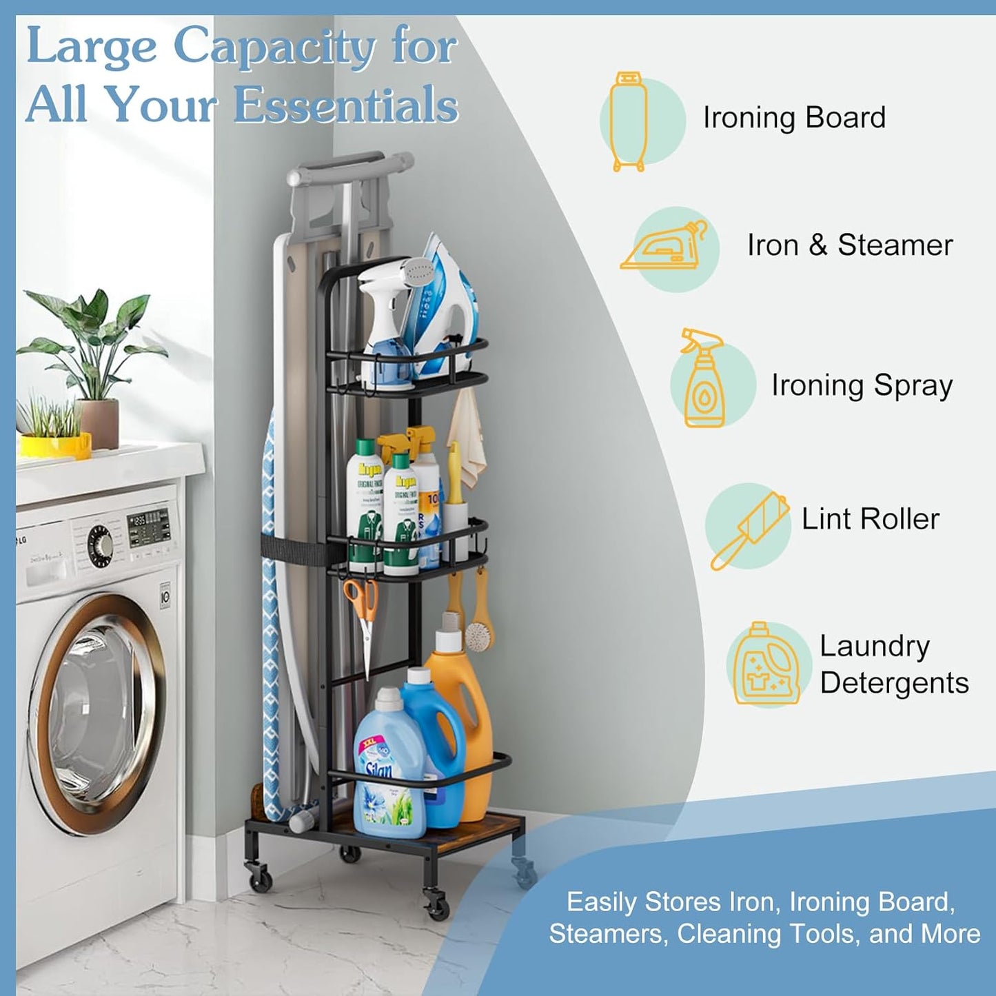 Ironing Board Hanger,Iron and Ironing Board Holder No Wall Mount,Laundry Room Organization and Storage Cart with Iron Stand,Narrow Laundry Shelves Organizer Cabinet,Laundry Room Essentials Accessories