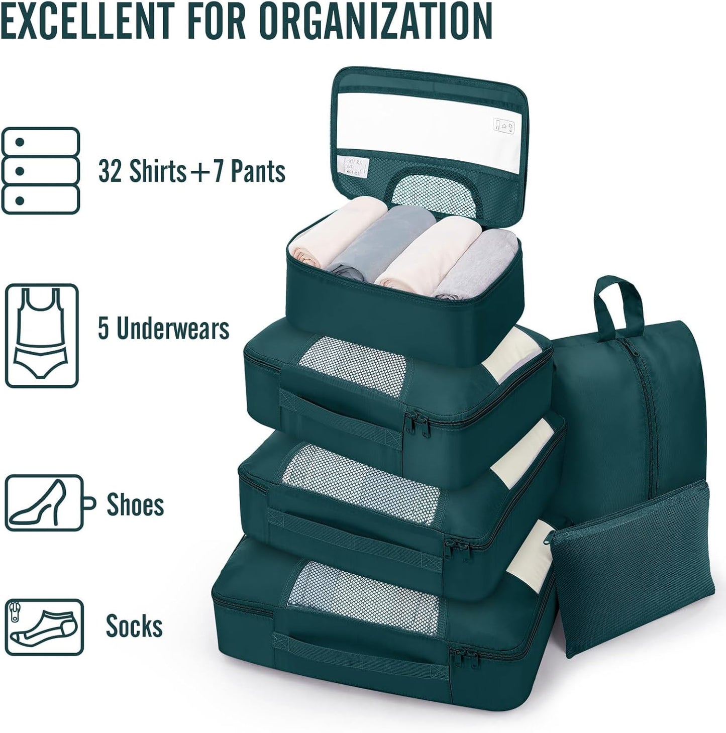 Veken 8 Set Packing Cubes for Travel Essentials,Anti-Wrinkle Buckled Suitcase Organizer for Shoe & Toiletry Bag,Carry On Luggage Bag for Airplane & College Dorm Room Accessories,Women Men Gifts