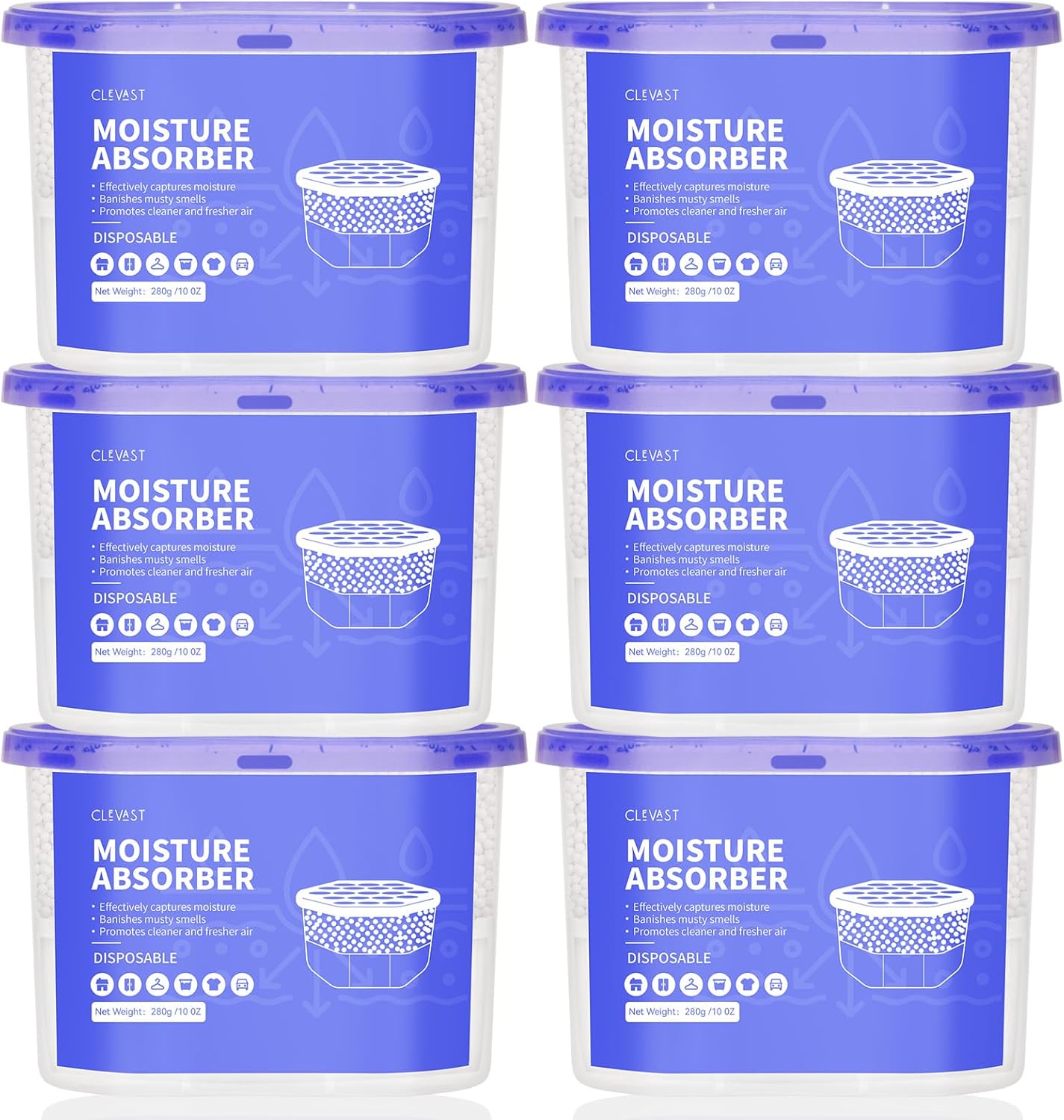 CLEVAST Moisture Absorber Boxes 6 Pack, 10 Oz Dehumidifier for Closet & Bathroom, Humidity Absorber for Wardrobe, Bedroom, RV & Car, Fragrance-Free Moisture Control, Unscented