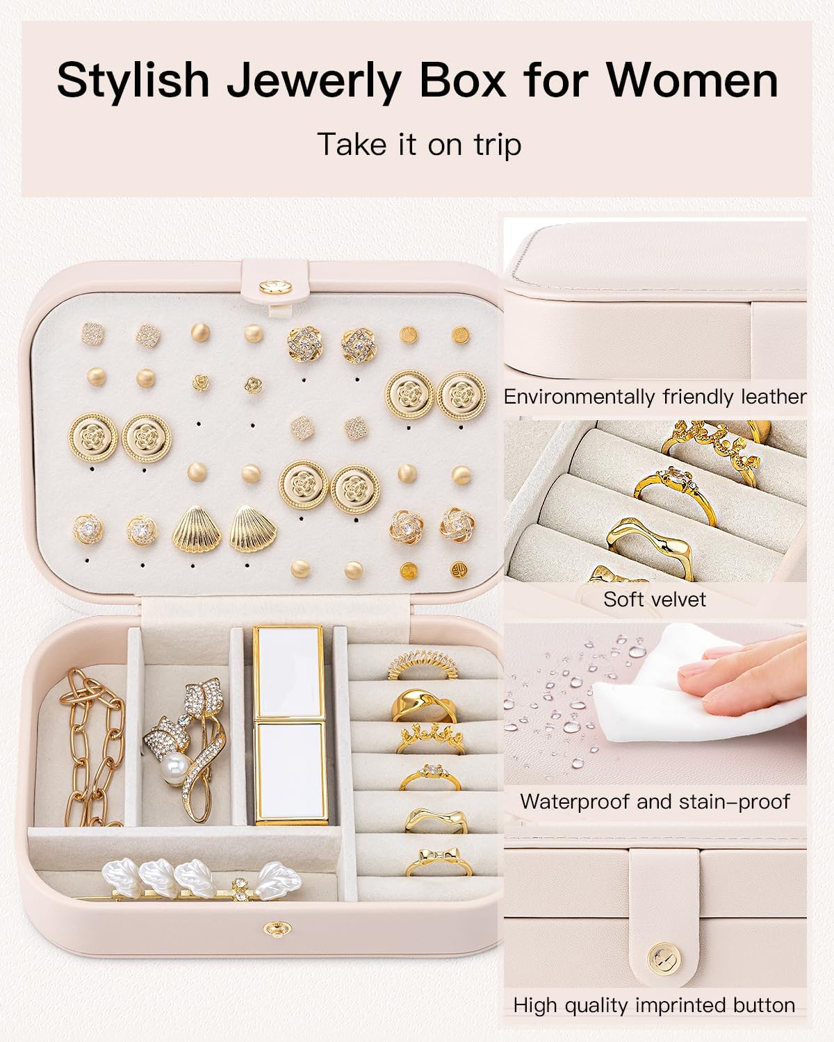 VLANDO Travel Jewelry Case, PU Leather Travel Jewelry Box with Earring Holder, Portable Display Small Jewelry Box for Mothers Day Women Girls Gift - Pink