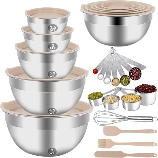 WEPSEN Mixing Bowls Set, 25PCS Khaki Mixing Bowls With Lids Set Stainless Steel Kitchen Large Nesting Metal Bowl 7QT to 1.5QT, Measuring Cups and Spoons for Prepping Cooking Serving