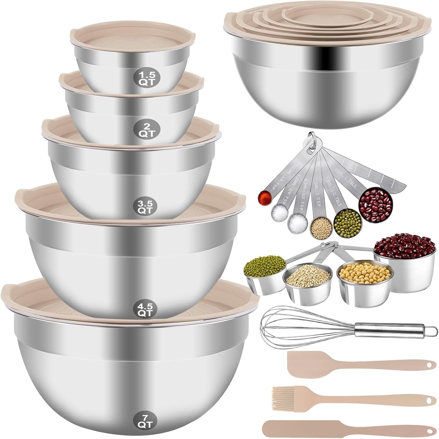 WEPSEN 5-Speed Electric Hand Mixer, 4 Large Mixing Bowls Set, Handheld Mixers with Whisks Beater, Stainless Steel Metal Nesting Bowl Measuring Cups Spoons Kitchen Cake Blender for Baking Supplies