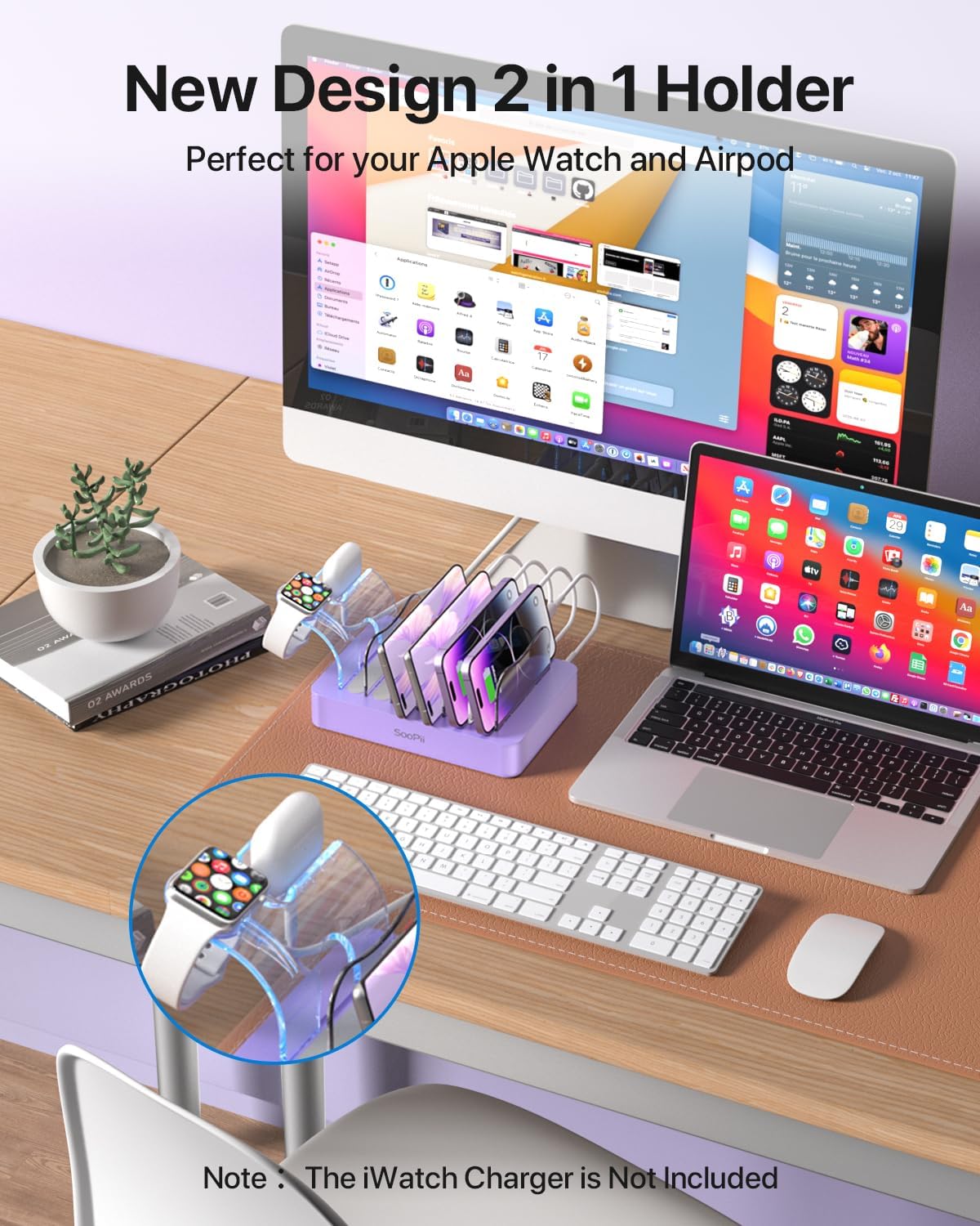 SooPii Premium 6-Port USB Charging Station Organizer for Multiple Devices | Included 6 Short Charging Cables and One Upgraded i-Watch Charger Holder for Phones,Tablets and Other Electronics, Purple