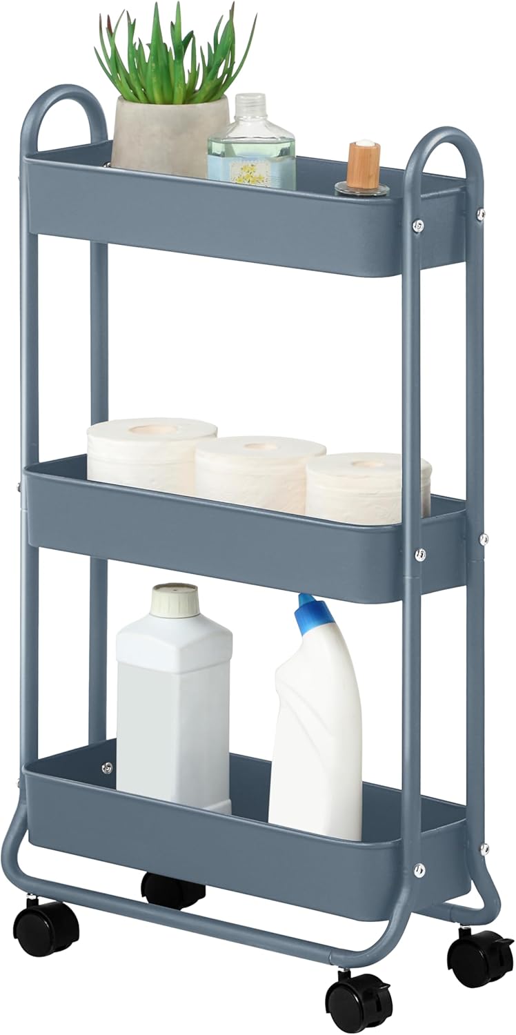 SunnyPoint Slim Rolling Storage Cart, 3 Tier Bathroom Storage Organizer Bathroom, Laundry Utility Cart (Army)