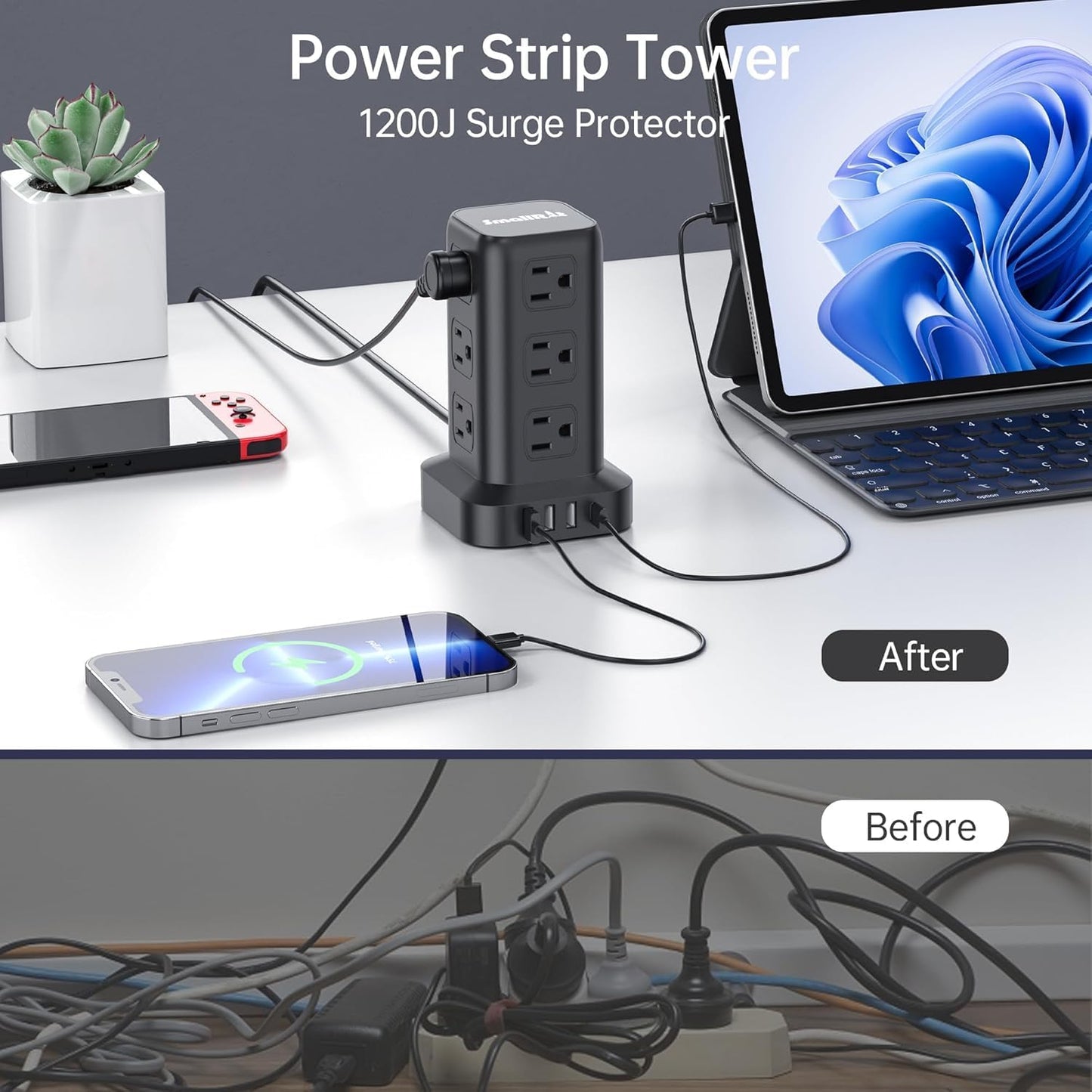 Extension Cord with Multiple Outlets, SMALLRT Surge Protector Power Strip Tower, Outlet Extender with 12 AC Outlets 4 USB, 6.5FT Extension Cord for Home Dorm Room, Office Supplies,Overload Protection