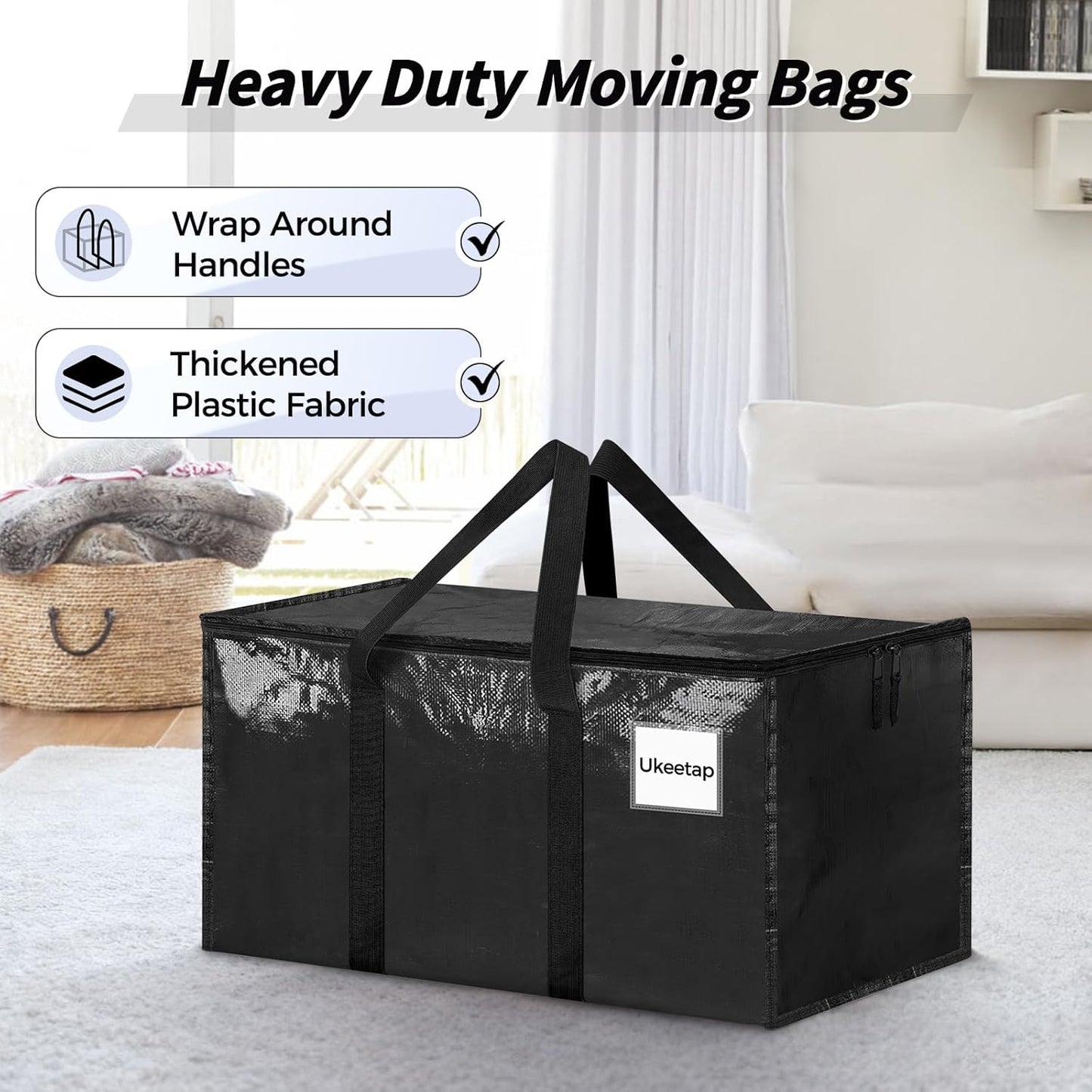 8 Pack Extra Large Heavy Duty Moving Bags, Black Storage Bins with Lids, Reinforced Handles & Heavy-Duty Zippers Moving Boxes Storage Bags Totes for Clothes Packing, Dorms, College Supplies, Black