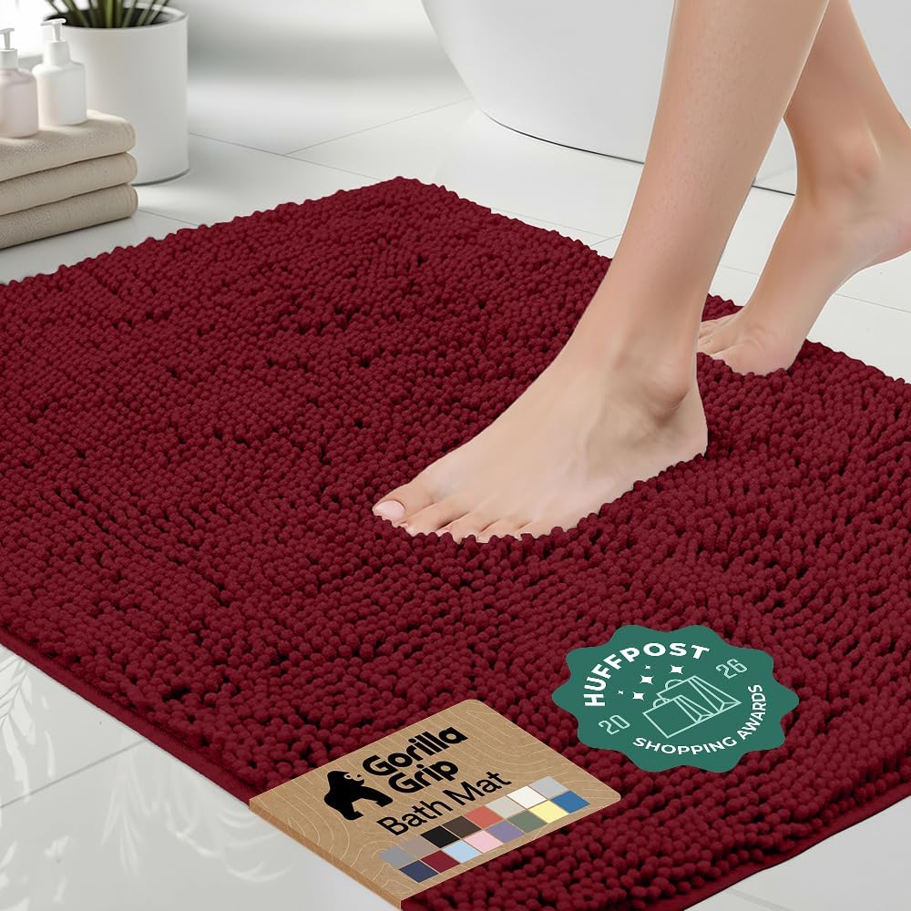 GORILLA GRIP Bath Rug Mat, Thick Soft Absorbent Chenille, Quick Dry Microfiber Mats, Rubber Backing Washable Shower Floor Rugs, US Designed Bathroom Bathmat Home Decor Accessories, 24x17, Burgundy