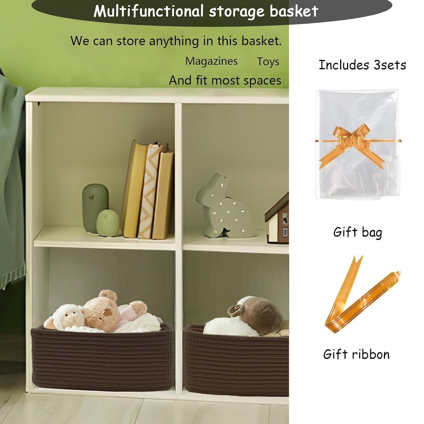 COMFY-HOMI 13" x 8.5" x 5.1" Storage Baskets for Organizing | Cotton Rope Woven Basket | Toy Storage Bin Box | Basket for Shelves, Closet Organizer Bin, Decorative Closet Shelf, 3 Pack