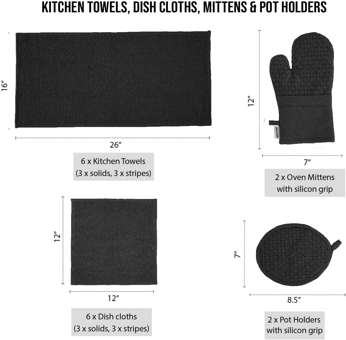 LANE LINEN 16-Piece Kitchen Towels & Dishcloths Set – Heat Resistant Silicone Oven Mitts, Pot Holder & Absorbent Terry Dish Towels – Black