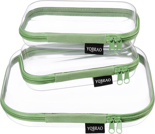 YQBRAO 3-Pack Clear Hard Shell Zipper Case Green, 1.2mm Heavy-Duty Crush-Proof Travel Makeup Bag, TSA Approved Clear Zipper Pouches, Rigid Toiletry & Diaper Bag Organizer for Tech, Toys & Art Supplies