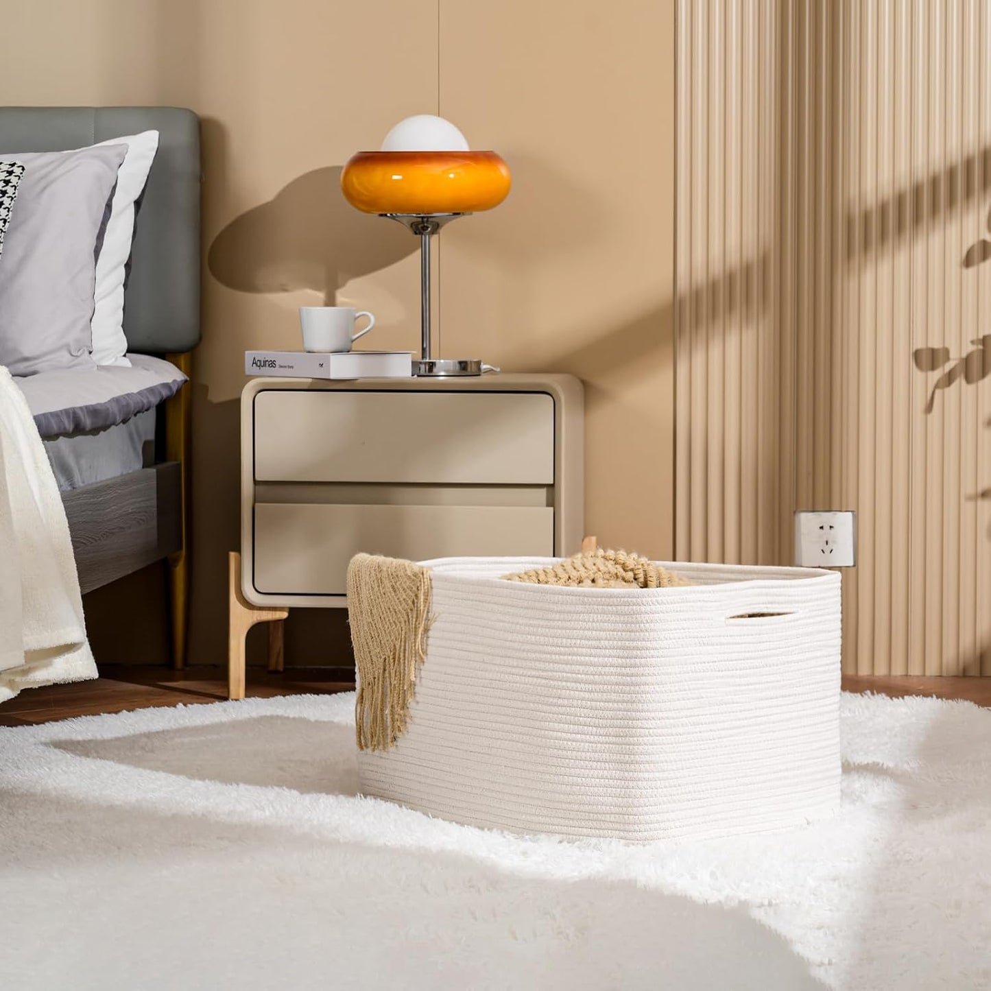 ICERZCZ Large Rectangle Blanket Basket, Large Storage Basket, Cotton Rope Woven Baskets for Storage with Handles, Toy Baskets for Baby Nursery Living Room Bedroom, 22”x17”x12”, White, 75L