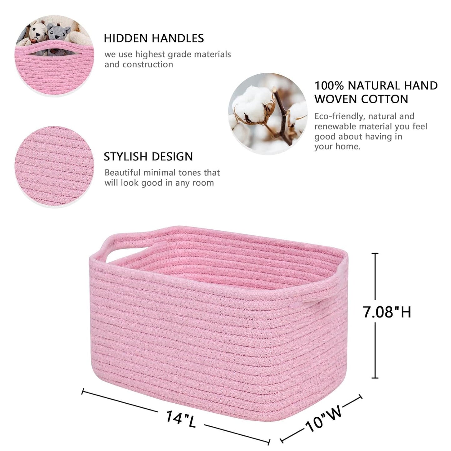 CubesLand Cube Storage Organizer Basket Bin, Cotton Rope Shelves Basket | Durable Woven Rectangular Shelf Basket for Organizing, Nursery Toys Basket, Pink Basket