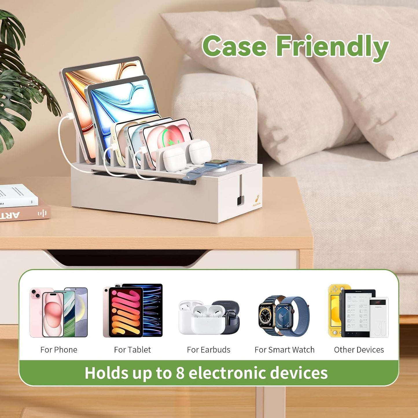 Pezin & Hulin Bamboo Charging Dock Station for Electronic Devices-White | Docking Organizer for Phone and Tablets, Smart Watch, Earbuds, Power Strip Box (Included 5-Port USB Charger and 6 Cables)