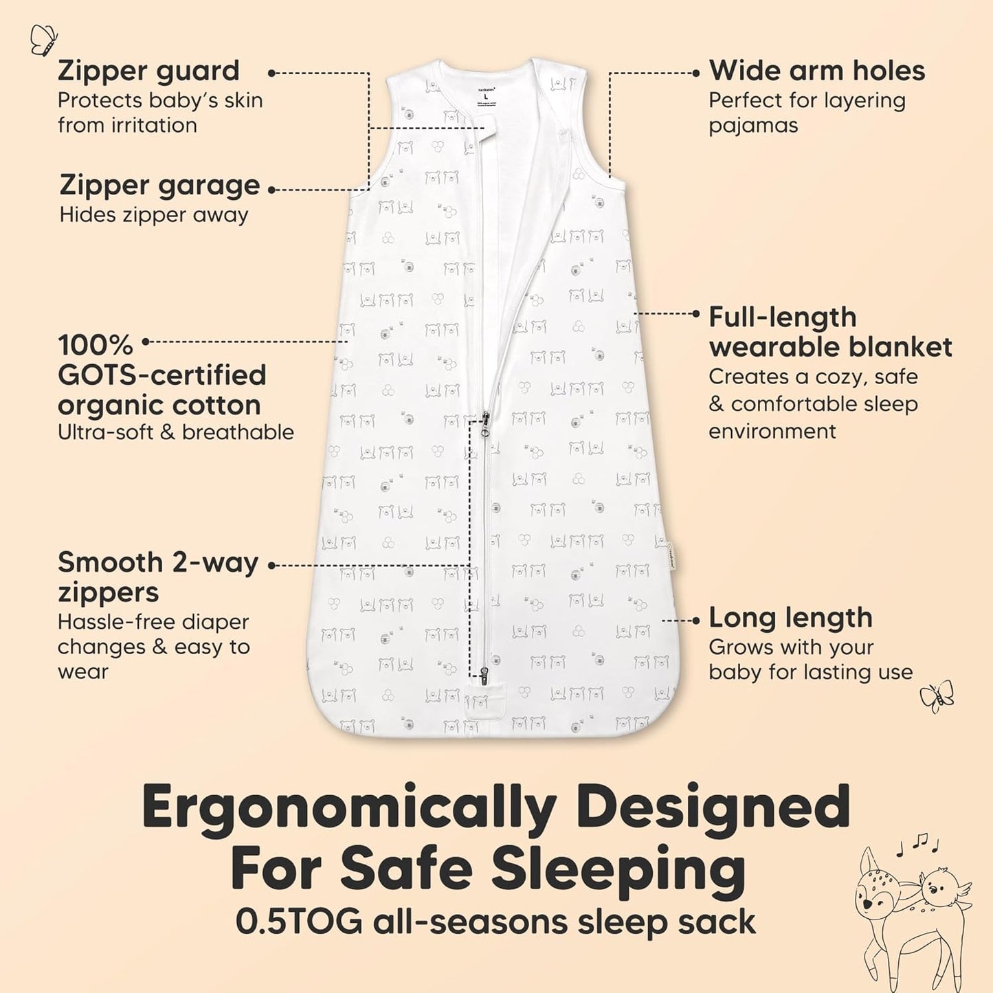 2-Pack Baby Sleep Sacks,Zipper Wearable Blanket - 0.5TOG Organic Cotton,Lightweight,Soft Cozy Toddler Sleeping Sack 6-12 months,Easy to Wear Large Newborn Transition Swaddles Sleepsacks(BumbleBear, M)