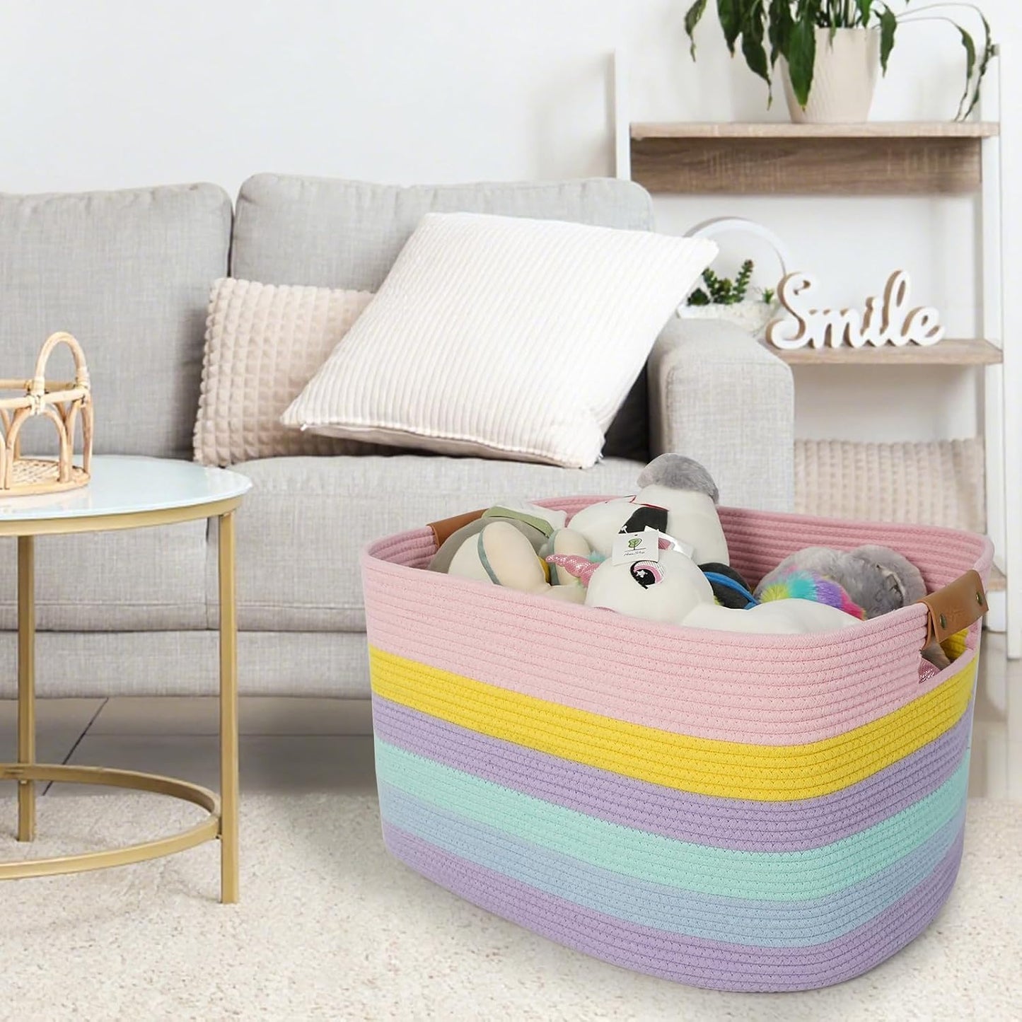 danpinera Large Laundry Basket, 108L Rectangle Woven Baskets for Storage for Living Room, Laundry, Nursery, Pillows, Baby Toy chest, Blanket Storage with Leather Handle, 25’’*16’’*16’’ Rainbow