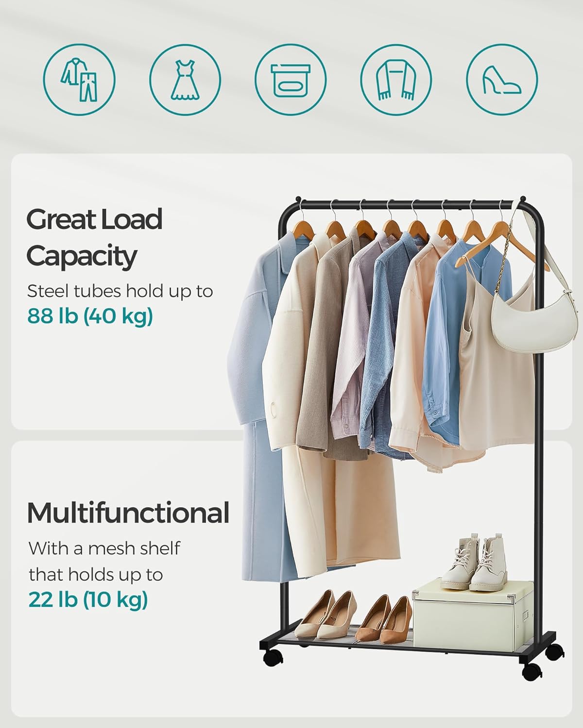 SONGMICS Clothes Rack with Wheels, Clothing Rack for Hanging Clothes, 25.4 mm Metal Garment Rack with Dense Mesh Storage Shelf, 110 lb Load Capacity, 2 Brakes, Black UHSR25BK