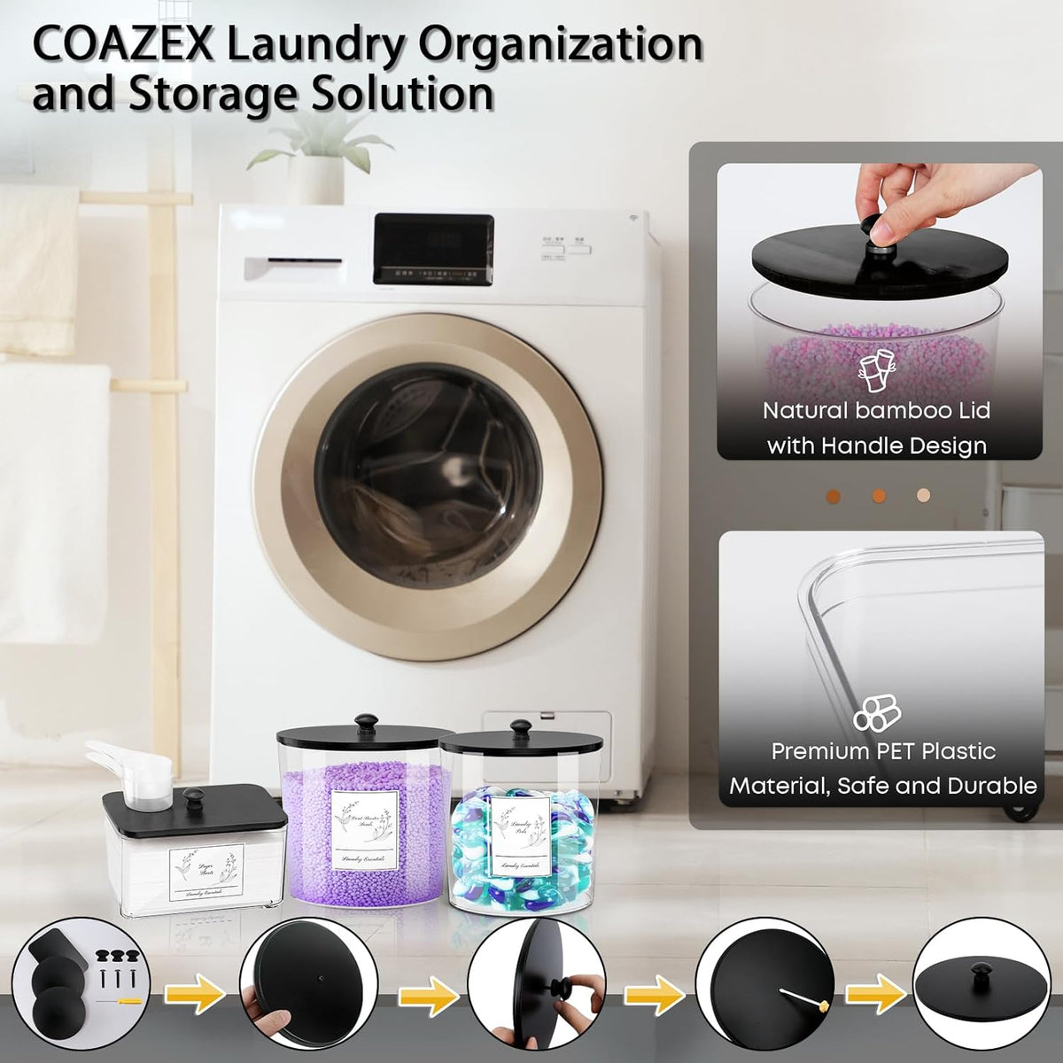 COAZEX 3 Pack Laundry Powder Container & Dryer Sheet Holder, Plastic Laundry Room Organization and Storage Jars with Lids, Labels & Scoops for Powder, Detergent, Scent Booster (Black Lid)