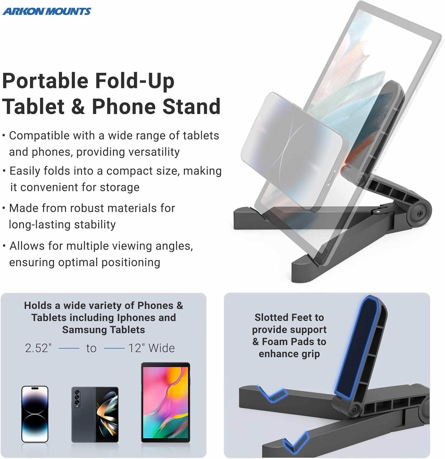 ARKON Mounts Portable Tablet Stand | Adjustable Viewing Angle | For Phones and Tablets | Fits Apple iPad, iPhone, Samsung Galaxy, Note, Switch, and more