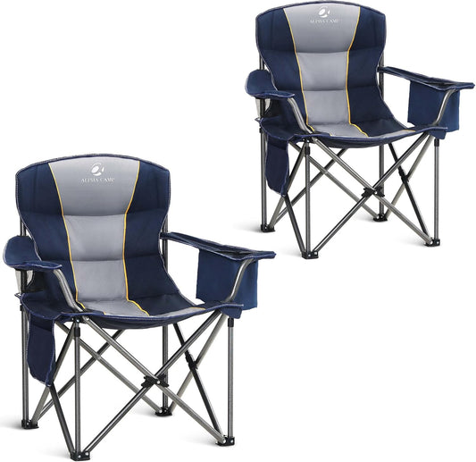 ALPHA CAMP Heavy Duty Camping Chair 500LBS Capacity, Oversized Folding Chair for Heavy People, Padded Portable Outdoor Chair with Cooler Bag & Cup Holder for Camping, Fishing, Beach