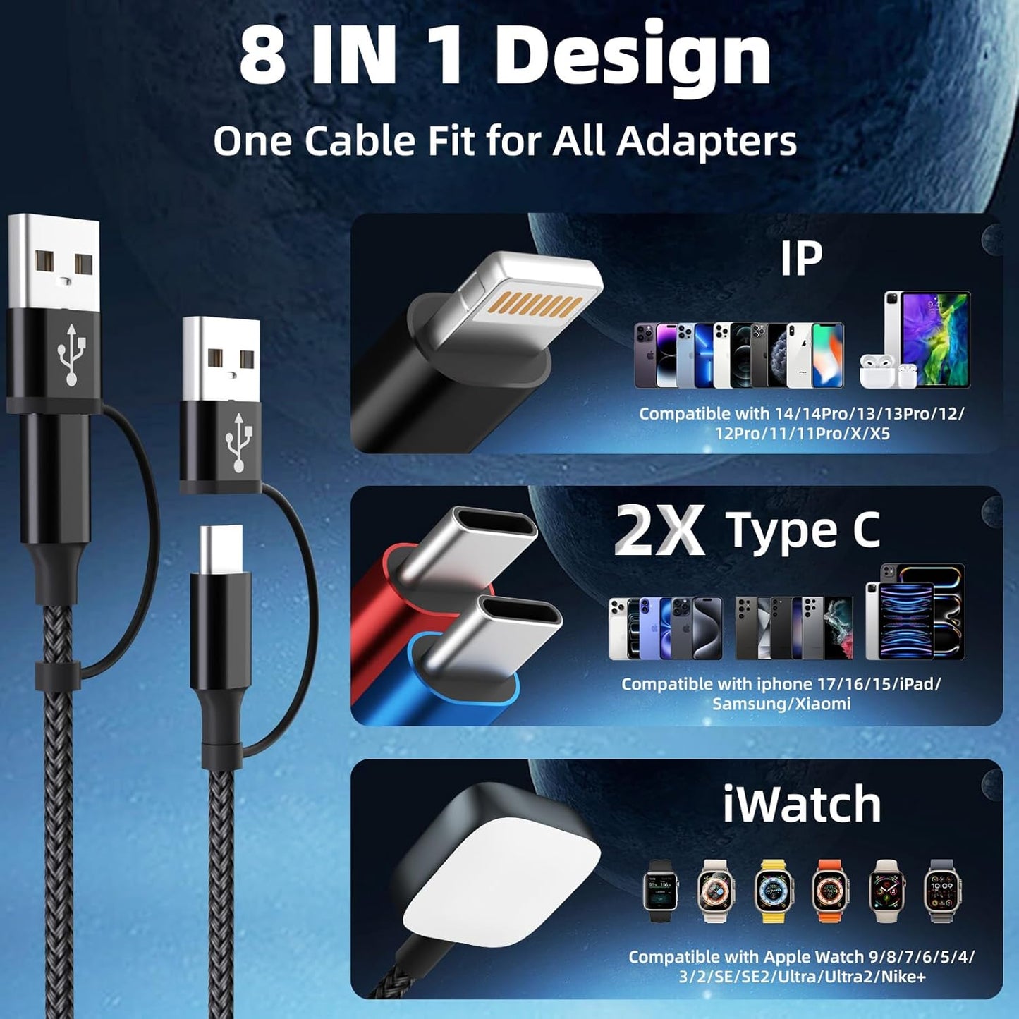 Travel Essentials Dual Type-C 4 in 2 Multi Charging Cable for Apple Watch Charger/iPhone 17, USBA&USBC Cable iWatch Charger for iWatch Ultra/SE/11-2, iPhone17-8, Car/Cruise Camping Essentials, 2Pc 5FT