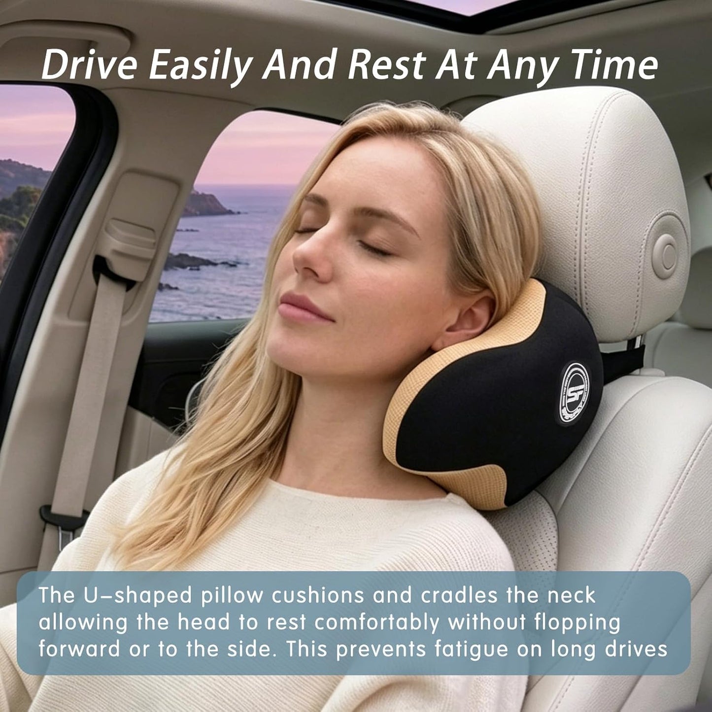 Really Helpful Car Headrest Pillow, Car Neck Pillow for Sleeping with Adjustable Strap, 100% Memory Foam & Breathable Removable Cover, Ergonomic Design - Softness Travel Car Pillow(Beige, 1PC)